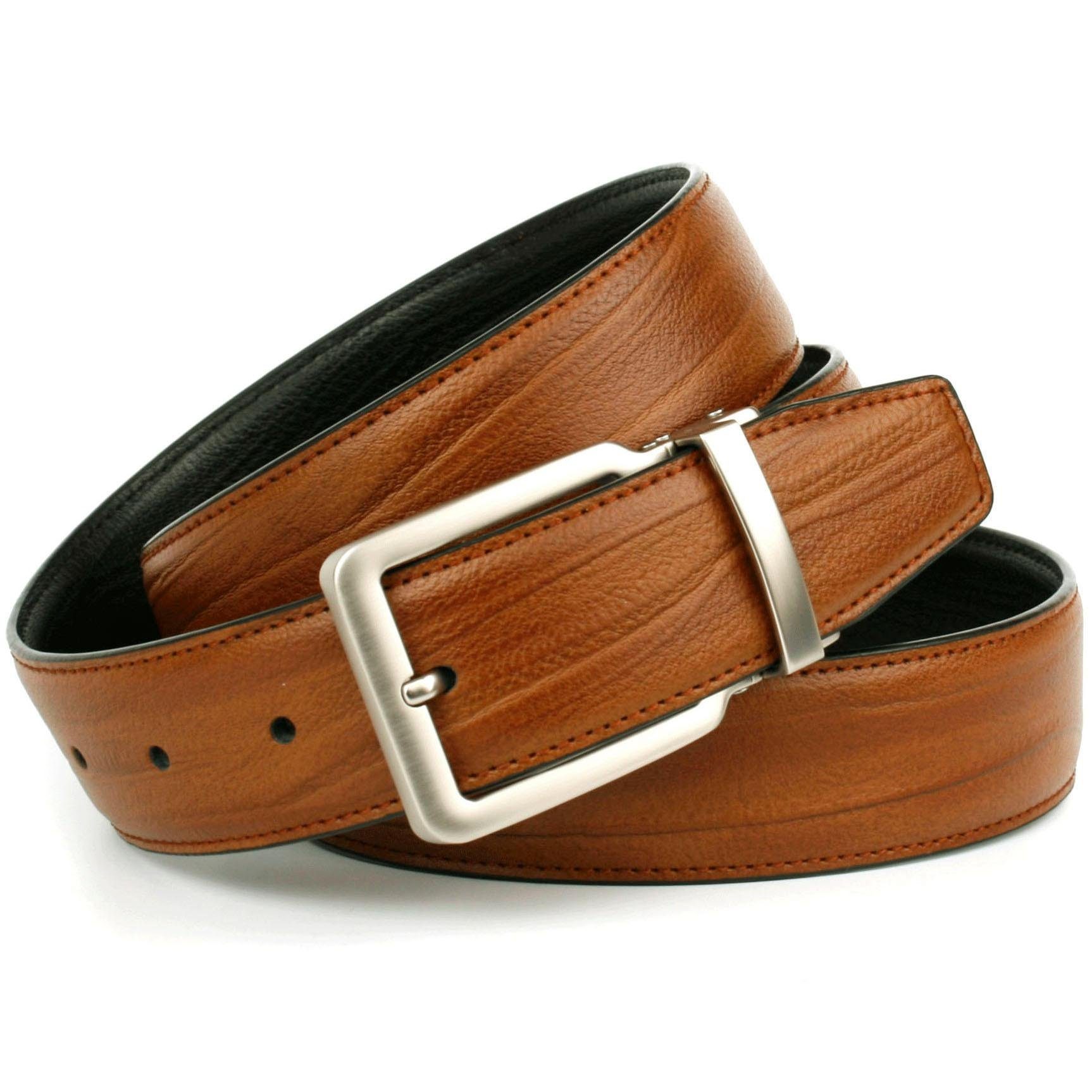 Anthoni Crown Leren riem Tweezijdig te dragen riem in cognac en zwart, gesp zilverkleur heren riemen maat 85 bruin