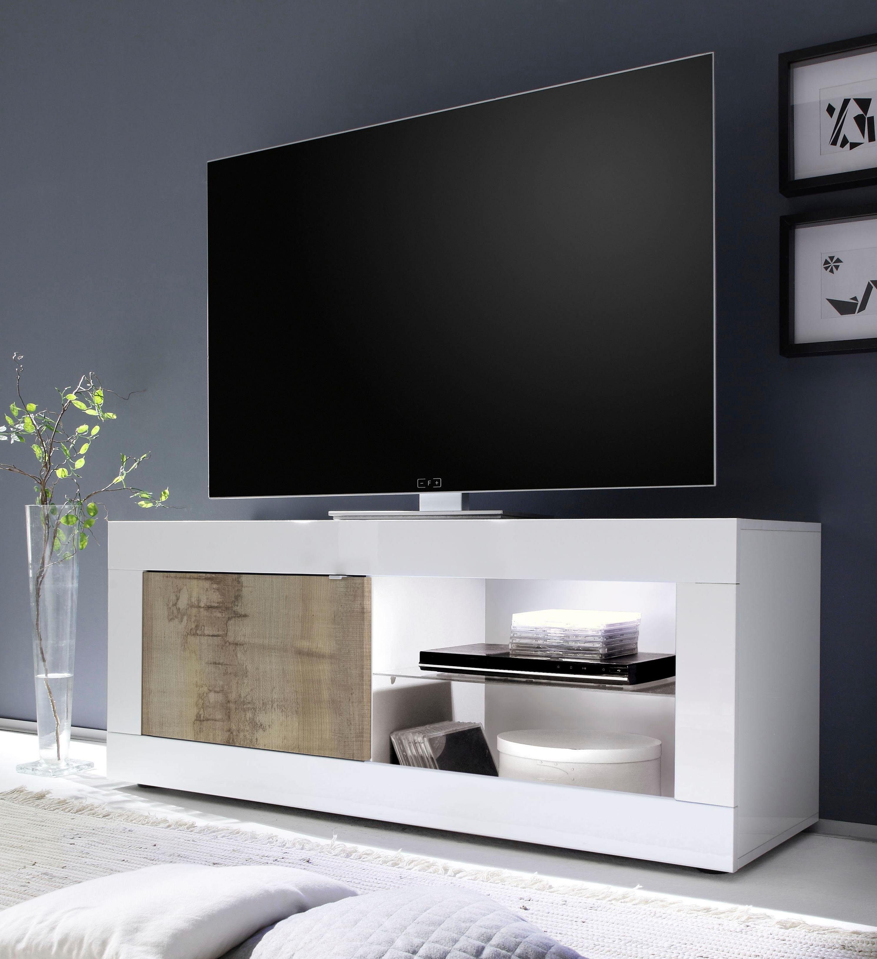 INOSIGN Tv-meubel Basis breedte 140 cm, TV-meubel 1 deur, 2 open vakken (glasbodem), lowboards maat 140x43x56 cm wit