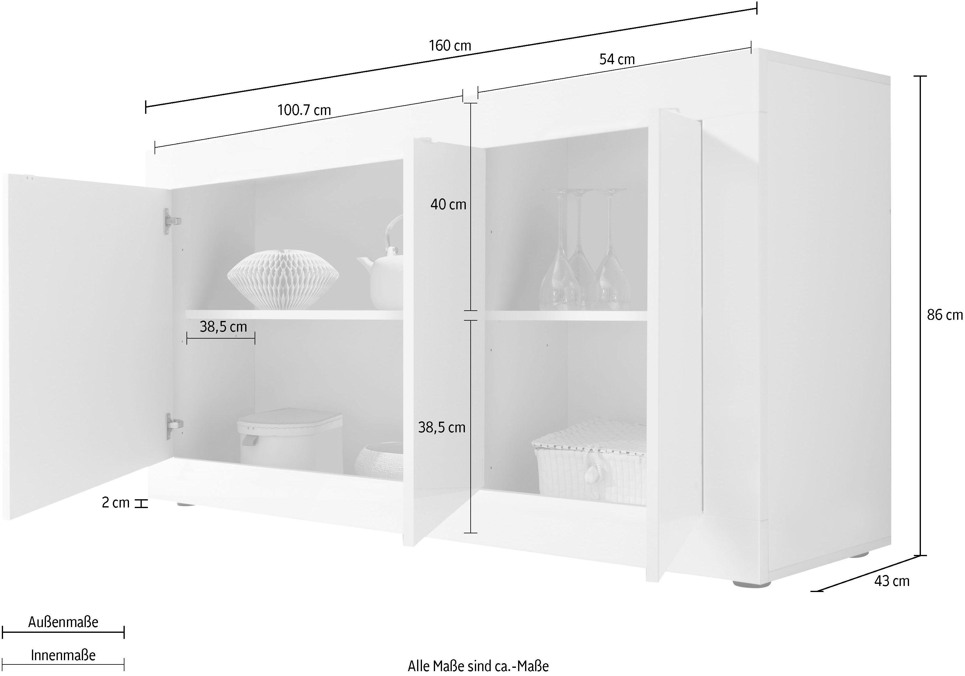 INOSIGN Dressoir Basis breedte 160 cm, commode 3 deuren, dressoir, Metalen handgreep, moderne frame-uitstraling, veel opbergruimte, kleurkeuze