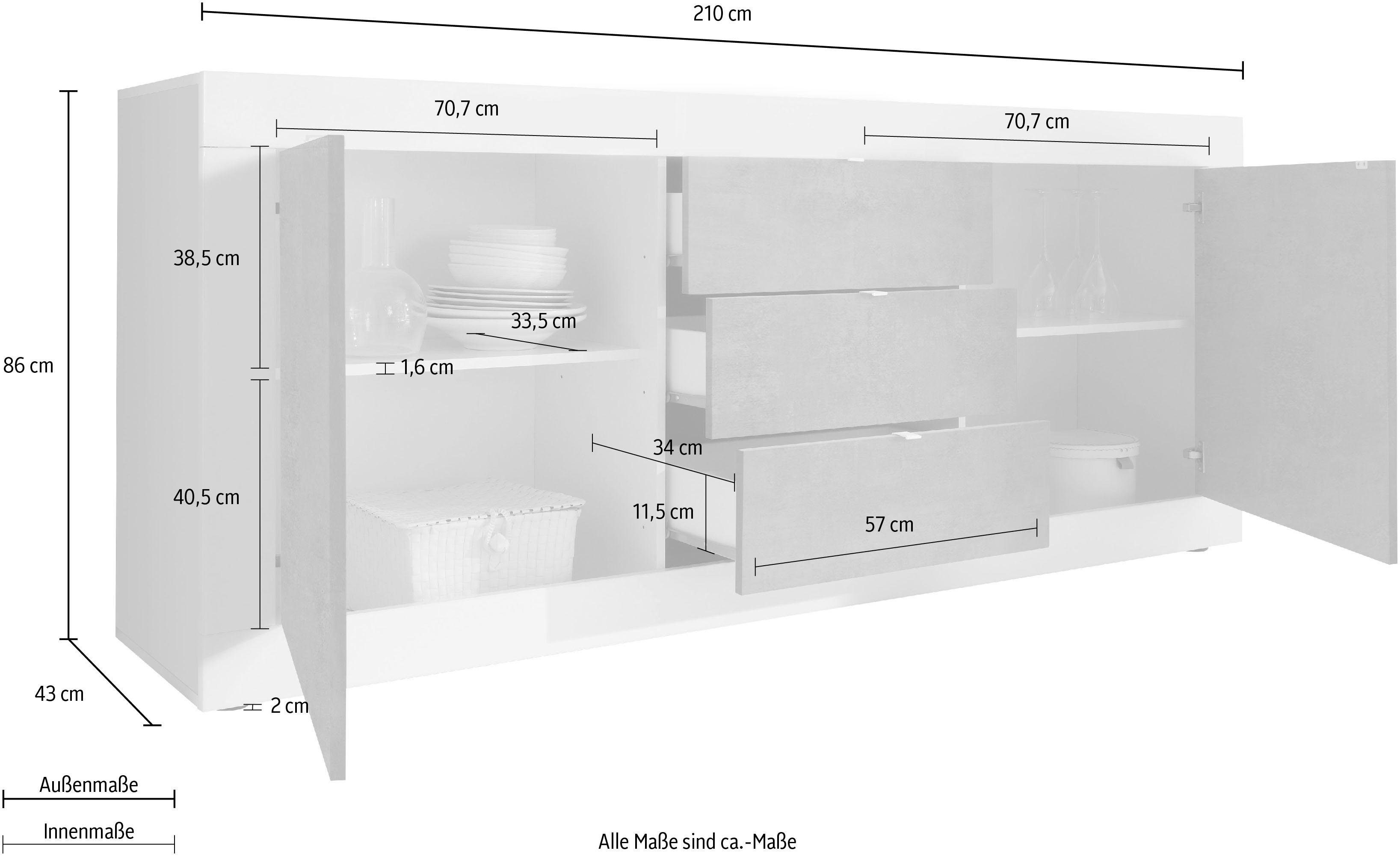 INOSIGN Dressoir Basis breedte 210 cm, commode 2 deuren, 3 lades, dressoir, Metalen handgreep, moderne frame-uitstraling, veel opbergruimte, kleurkeuze