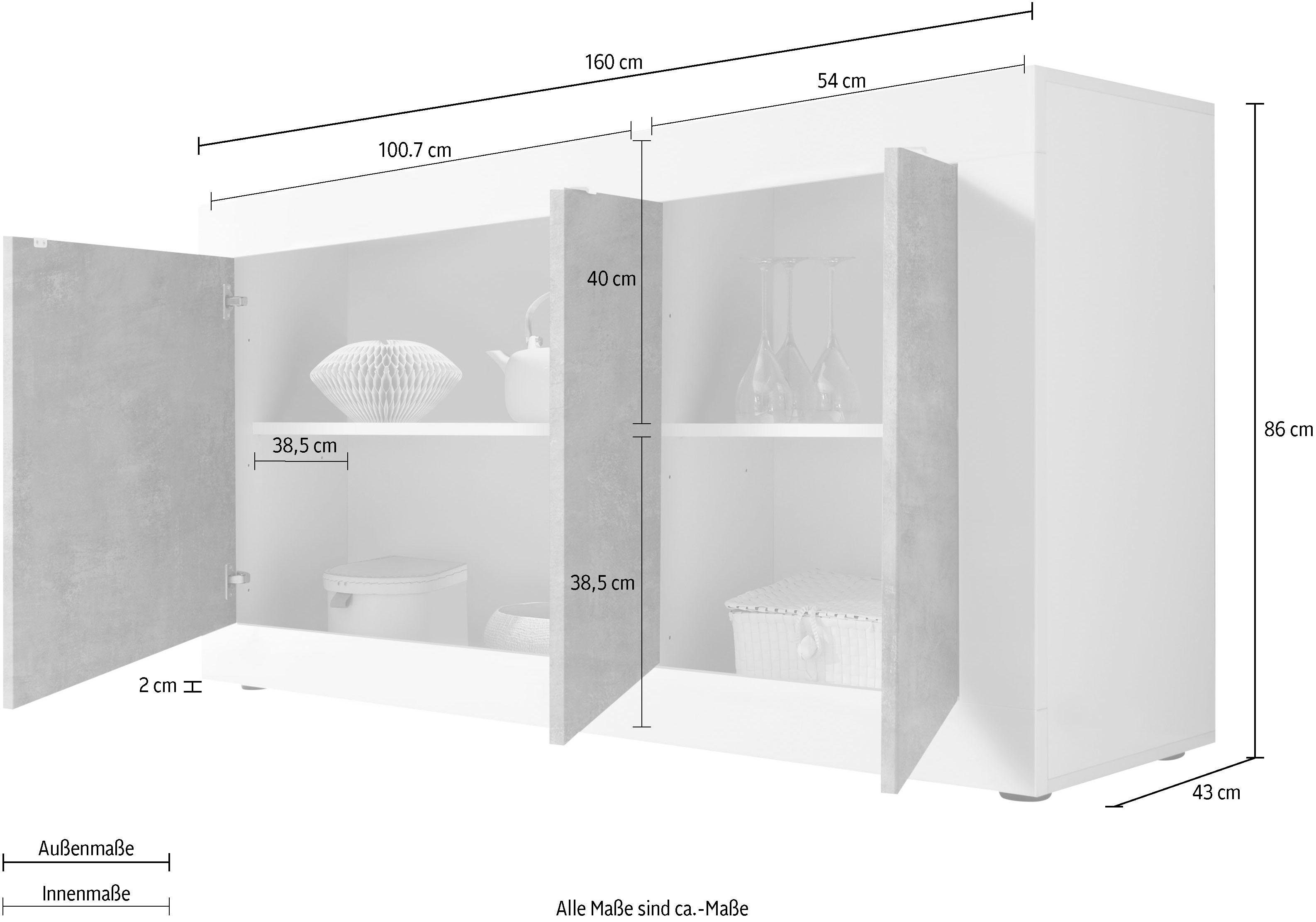 INOSIGN Dressoir Basis breedte 160 cm, commode 3 deuren, dressoir, Metalen handgreep, moderne frame-uitstraling, veel opbergruimte, kleurkeuze