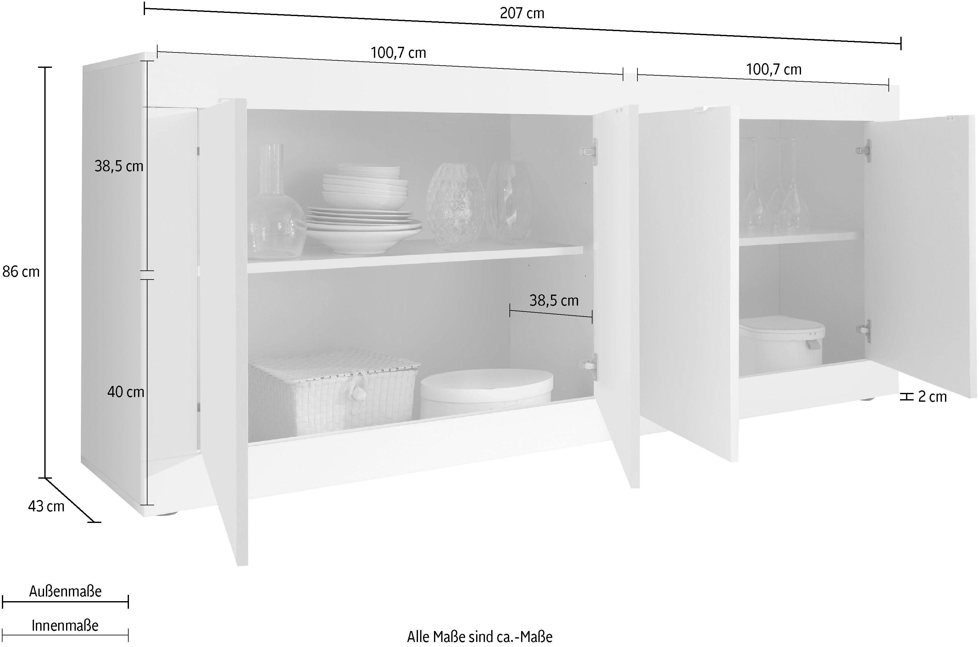 INOSIGN Dressoir Basis breedte 207 cm, commode 4 deuren, dressoir, Metalen handgreep, moderne frame-uitstraling, veel opbergruimte, kleurkeuze
