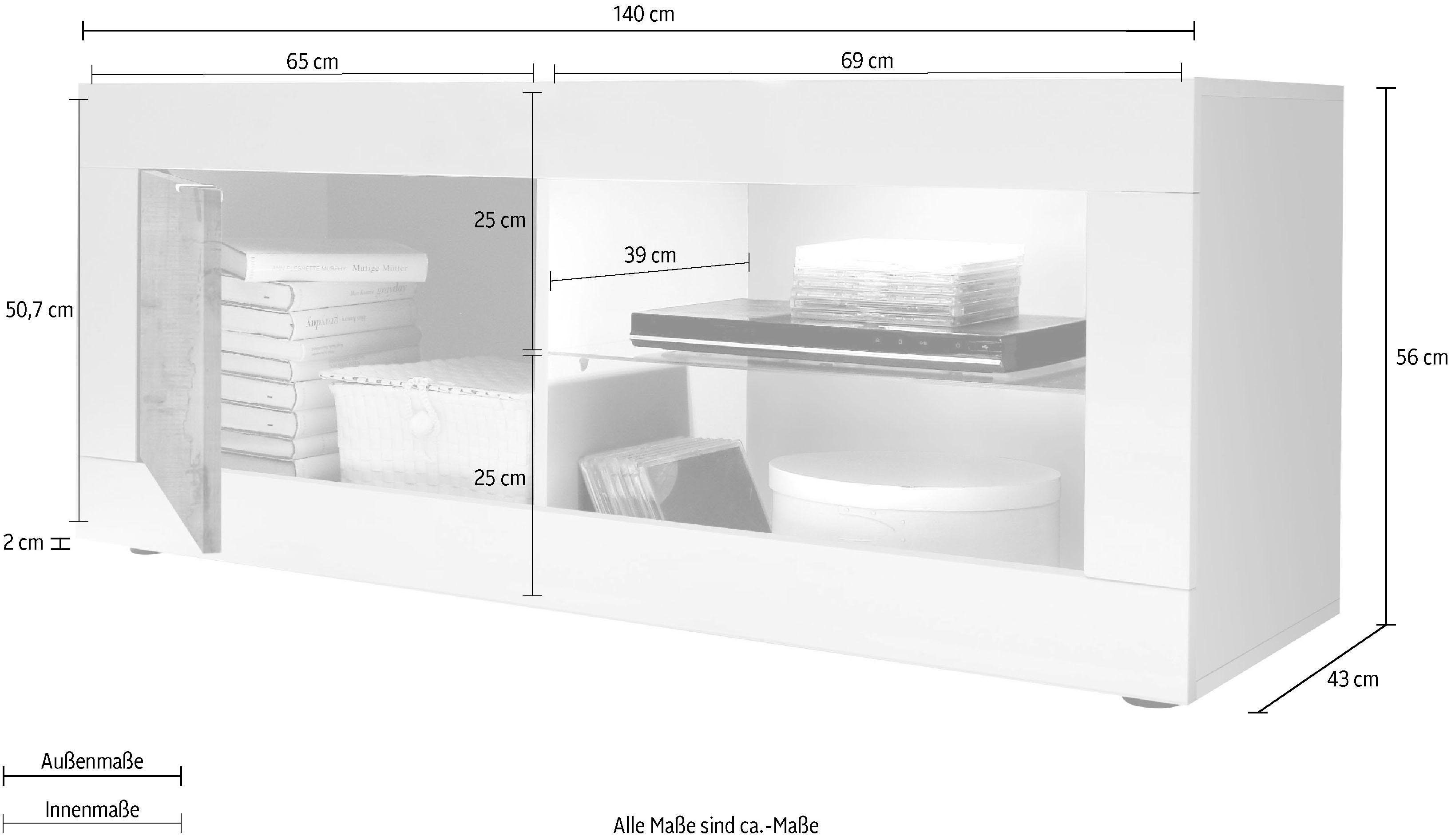 INOSIGN Tv-meubel Basis breedte 140 cm, TV-meubel 1 deur, 2 open vakken (glasbodem),