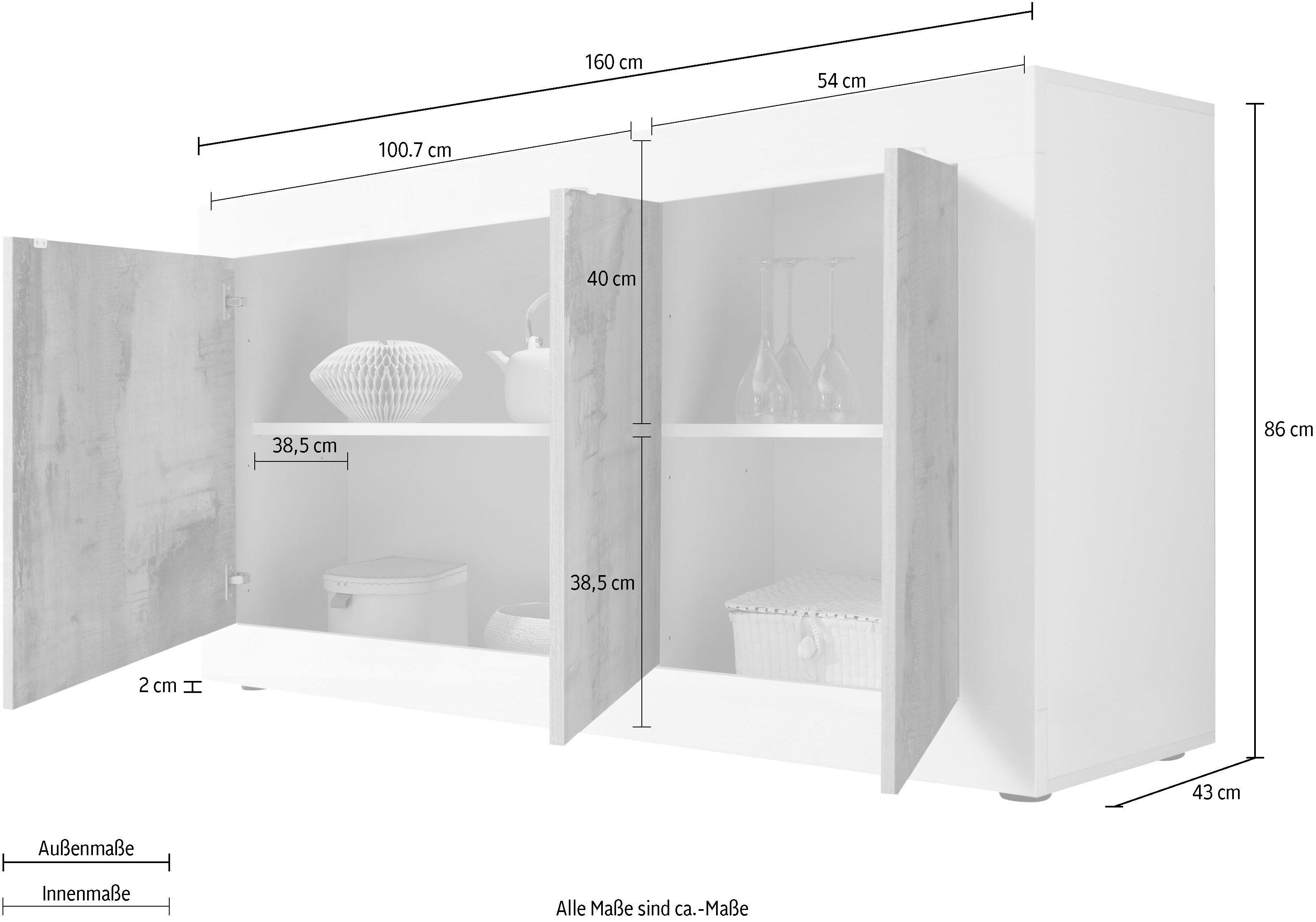 INOSIGN Dressoir Basis breedte 160 cm, commode 3 deuren, dressoir, Metalen handgreep, moderne frame-uitstraling, veel opbergruimte, kleurkeuze
