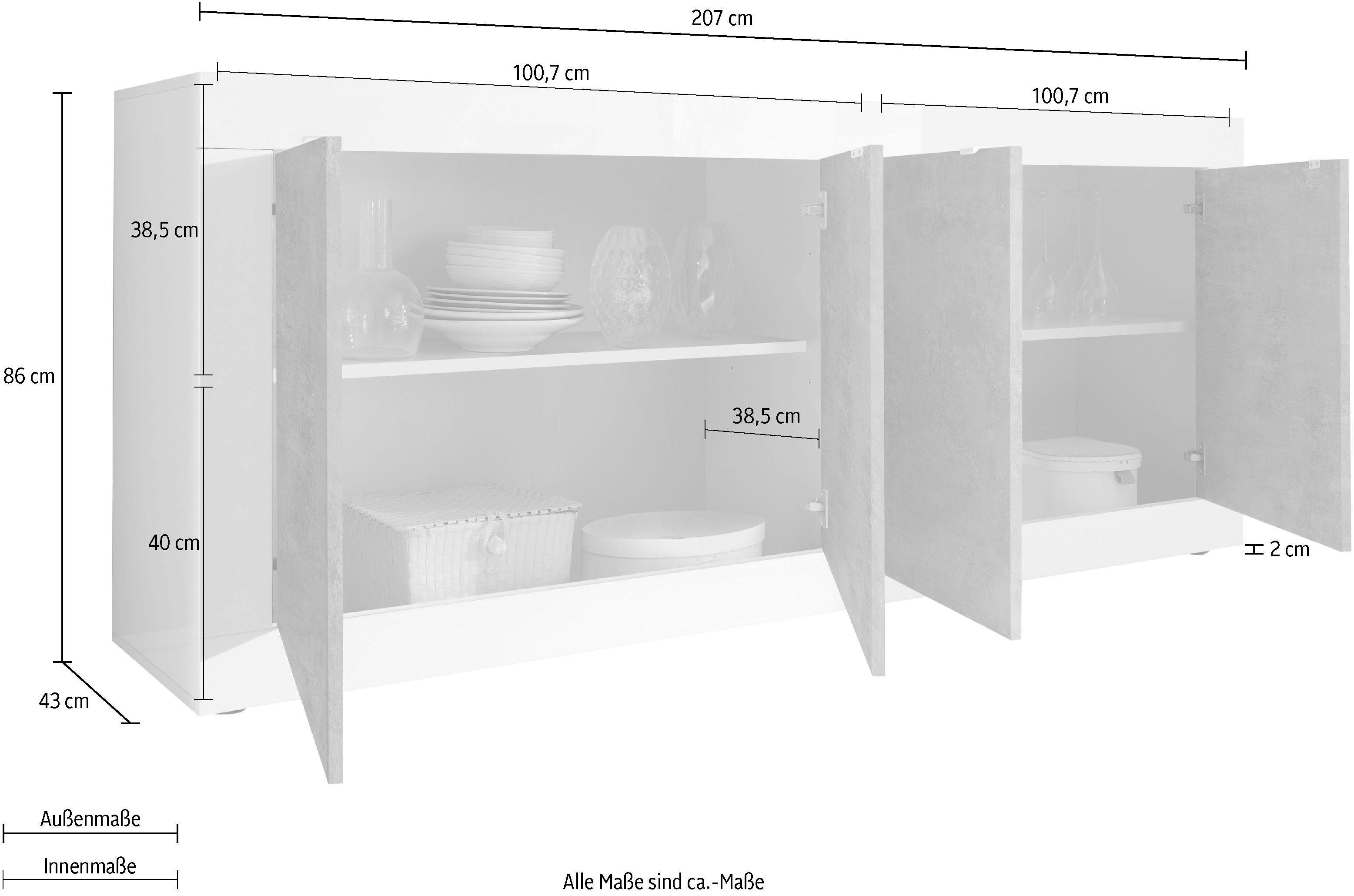 INOSIGN Dressoir Basis breedte 207 cm, commode 4 deuren, dressoir, Metalen handgreep, moderne frame-uitstraling, veel opbergruimte, kleurkeuze