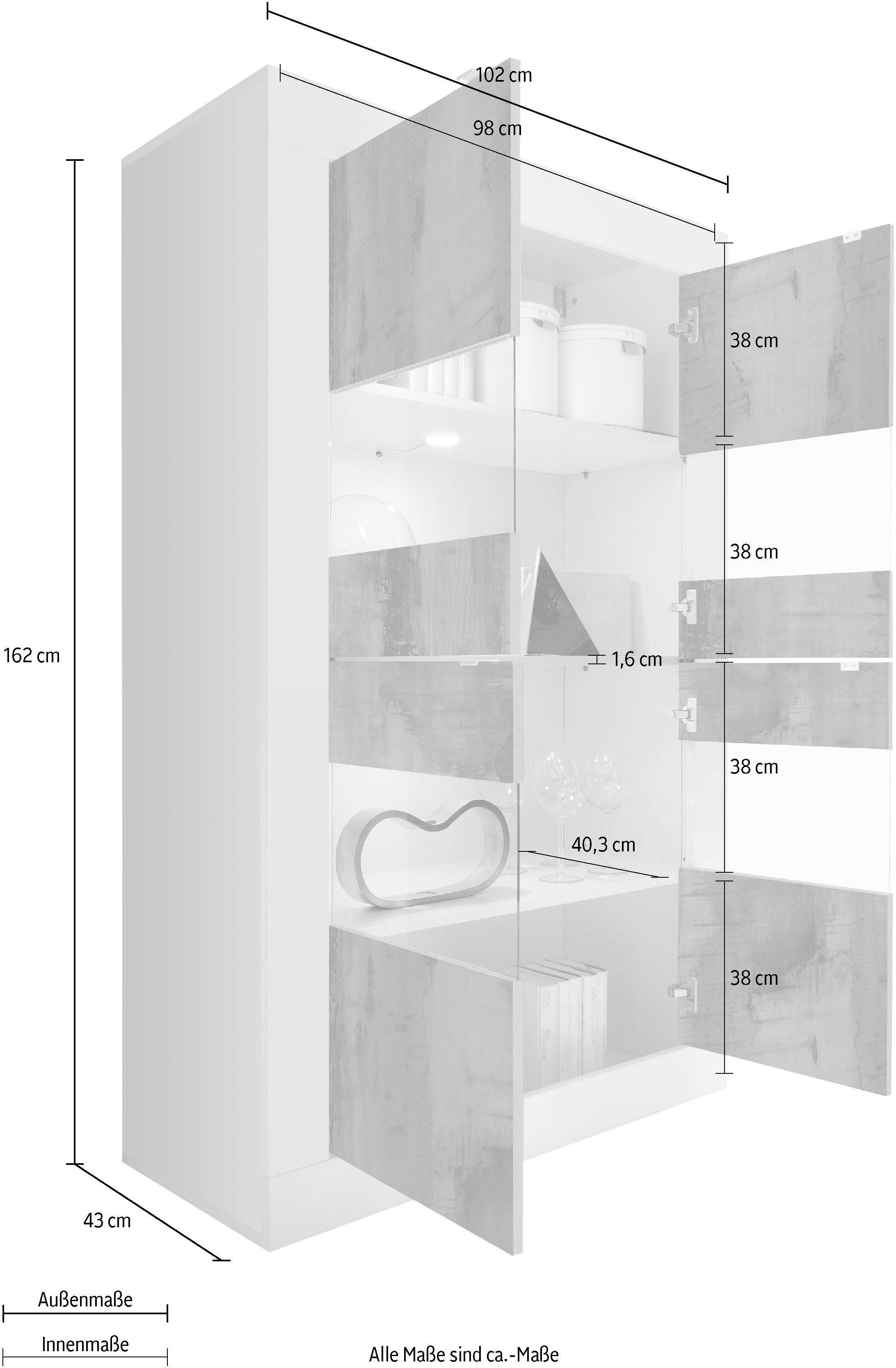 INOSIGN Vitrinekast Basis hoogte 162 cm, staande vitrine met 4 deuren - metalen handgrepen,