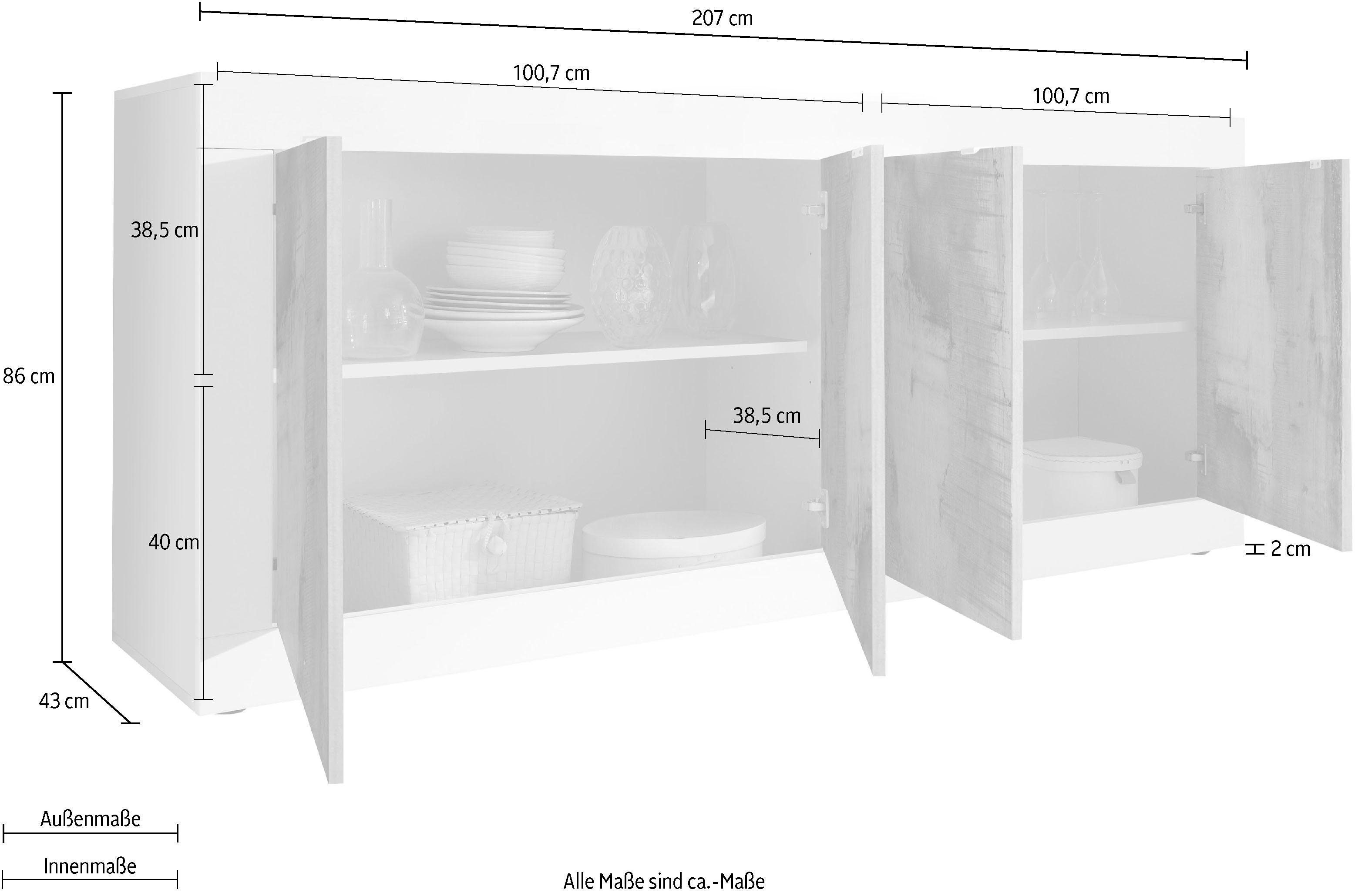 INOSIGN Dressoir Basis breedte 207 cm, commode 4 deuren, dressoir, Metalen handgreep, moderne frame-uitstraling, veel opbergruimte, kleurkeuze
