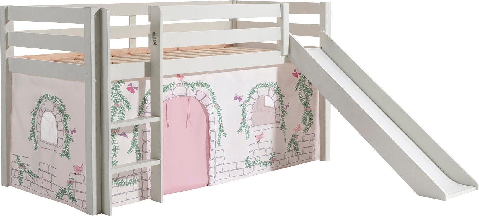 Vipack Hoogslaper PINO Massief hout, textielset 'Birdy', naar keuze met glijbaan en bedtunnel