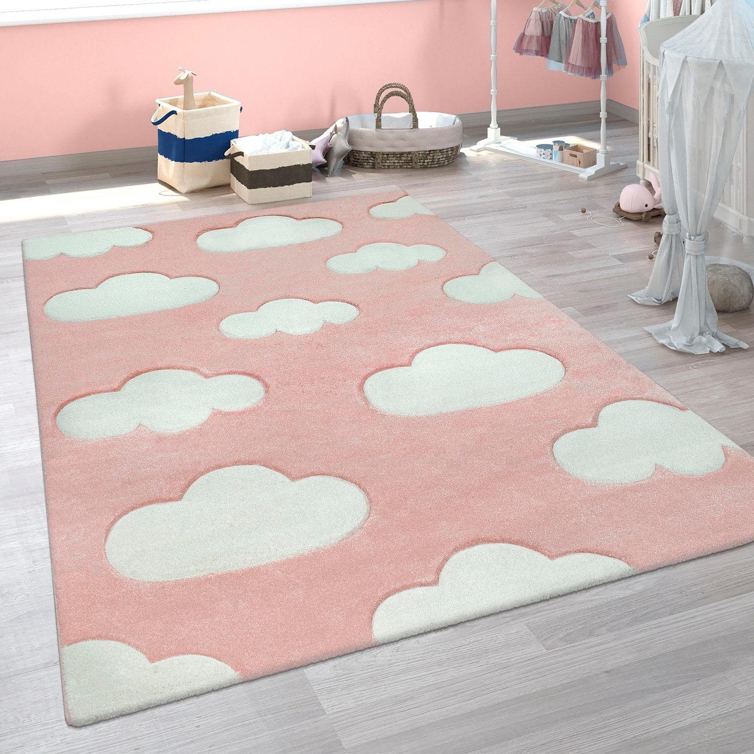 Paco Home Kindervloerkleed Cosmo 342 3d-design, schattige wolken motief, pastelkleuren, kinderkamer