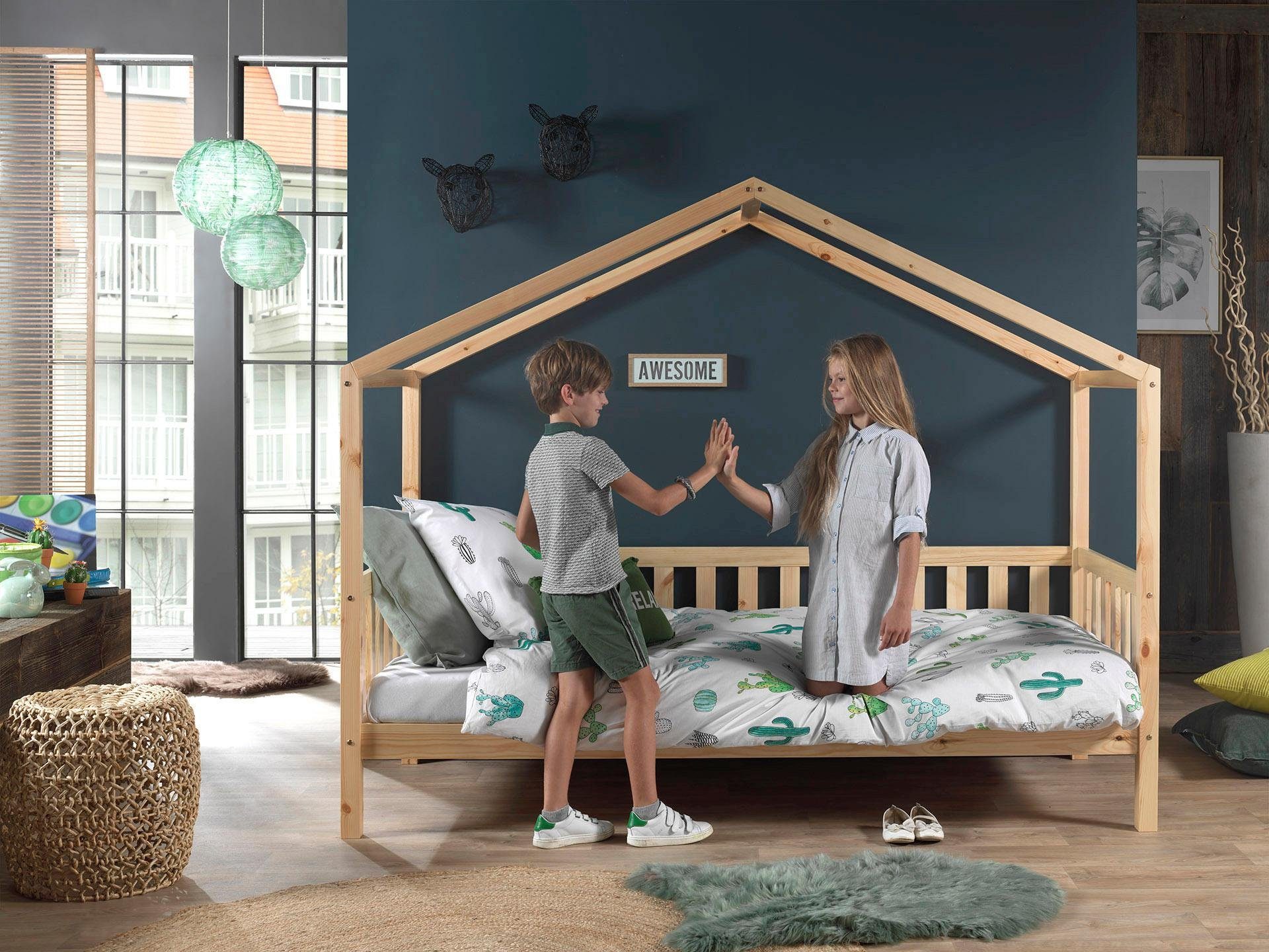 Vipack Huisbed Dallas naar keuze met onderbedlade of stoffen hemel, uitvoering ecru of wit