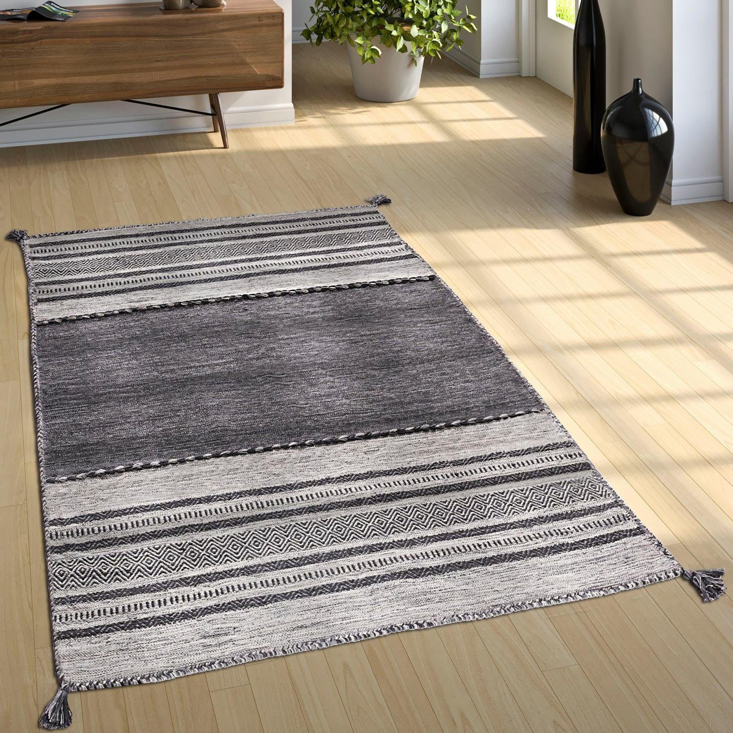 Paco Home Vloerkleed Kilim 217 met de hand geweven tweezijdig te gebruiken kleed, puur katoen, gestreept, woonkamer