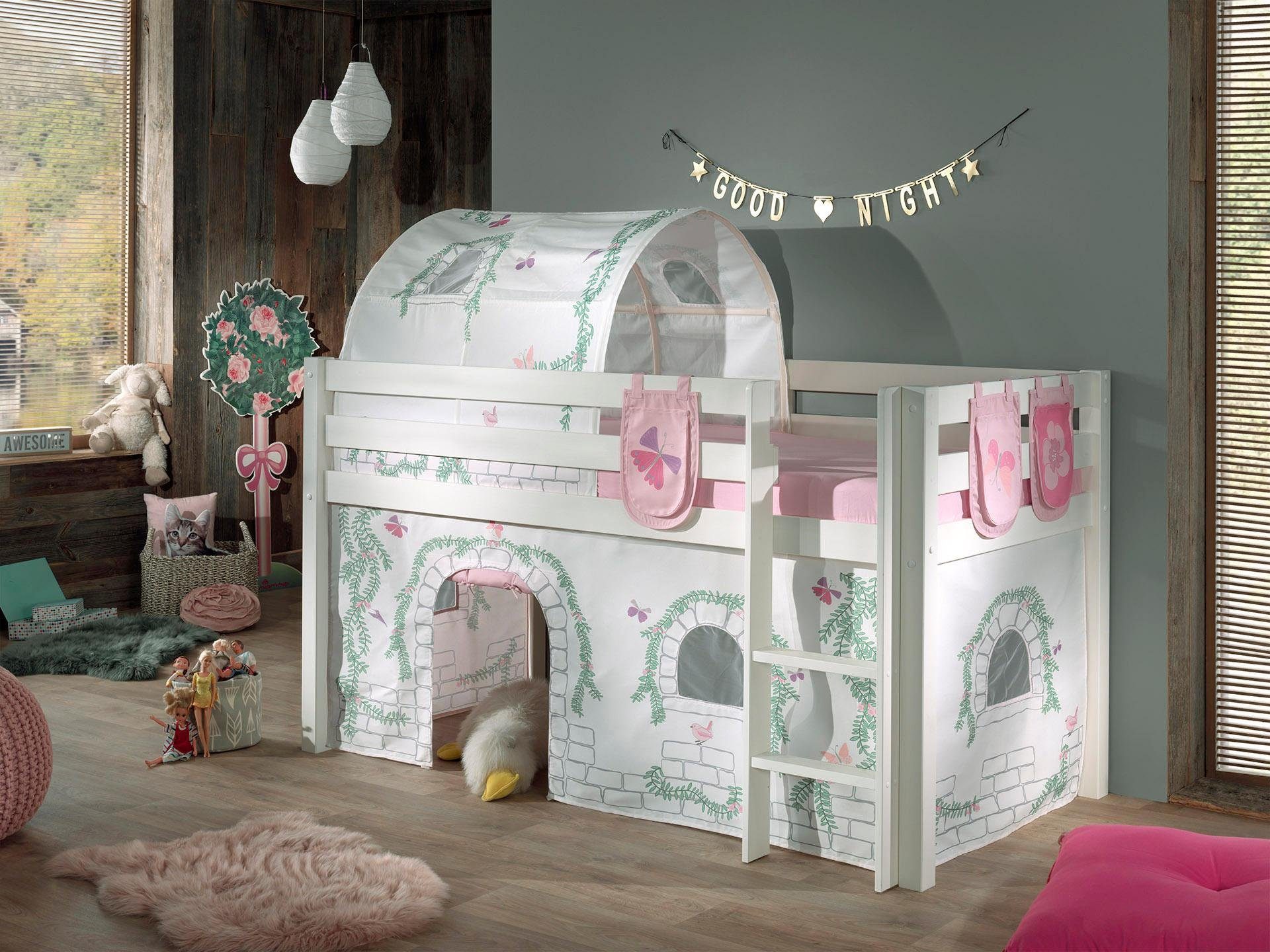 Vipack Hoogslaper PINO Massief hout, textielset 'Birdy', naar keuze met glijbaan en bedtunnel hoogslapers maat 106 cm x 210 cm x 214 cm wit