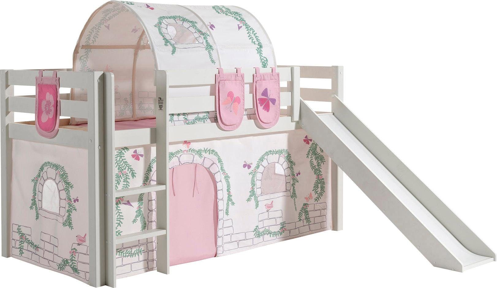Vipack Hoogslaper PINO Massief hout, textielset 'Birdy', naar keuze met glijbaan en bedtunnel