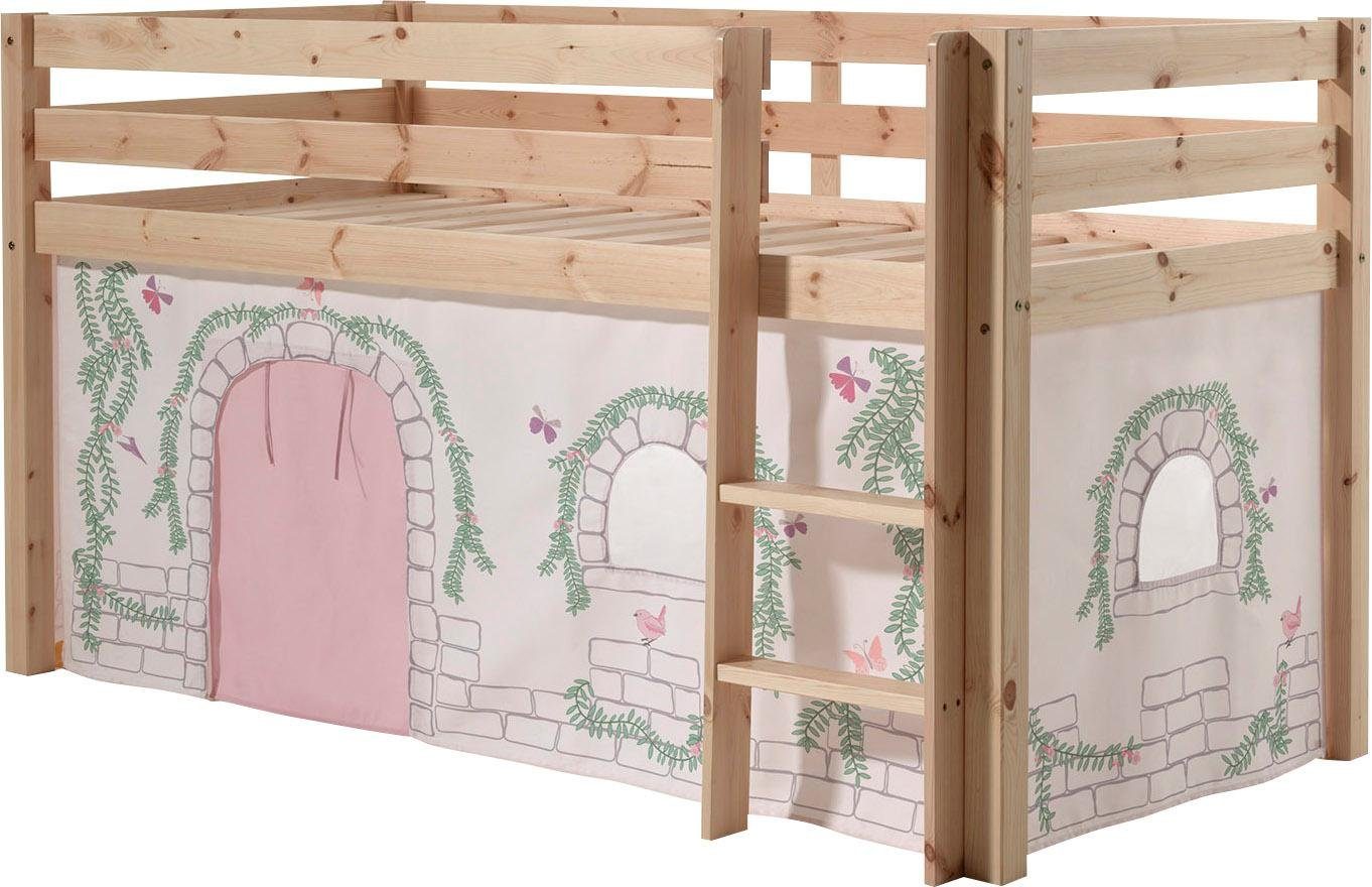 Vipack Hoogslaper Pino, Spielbett massiv Kiefer, stabil gebaut, 3 Korpusfarben zur Wahl Massief hout, textielset 'Birdy', naar keuze met glijbaan en bedtunnel