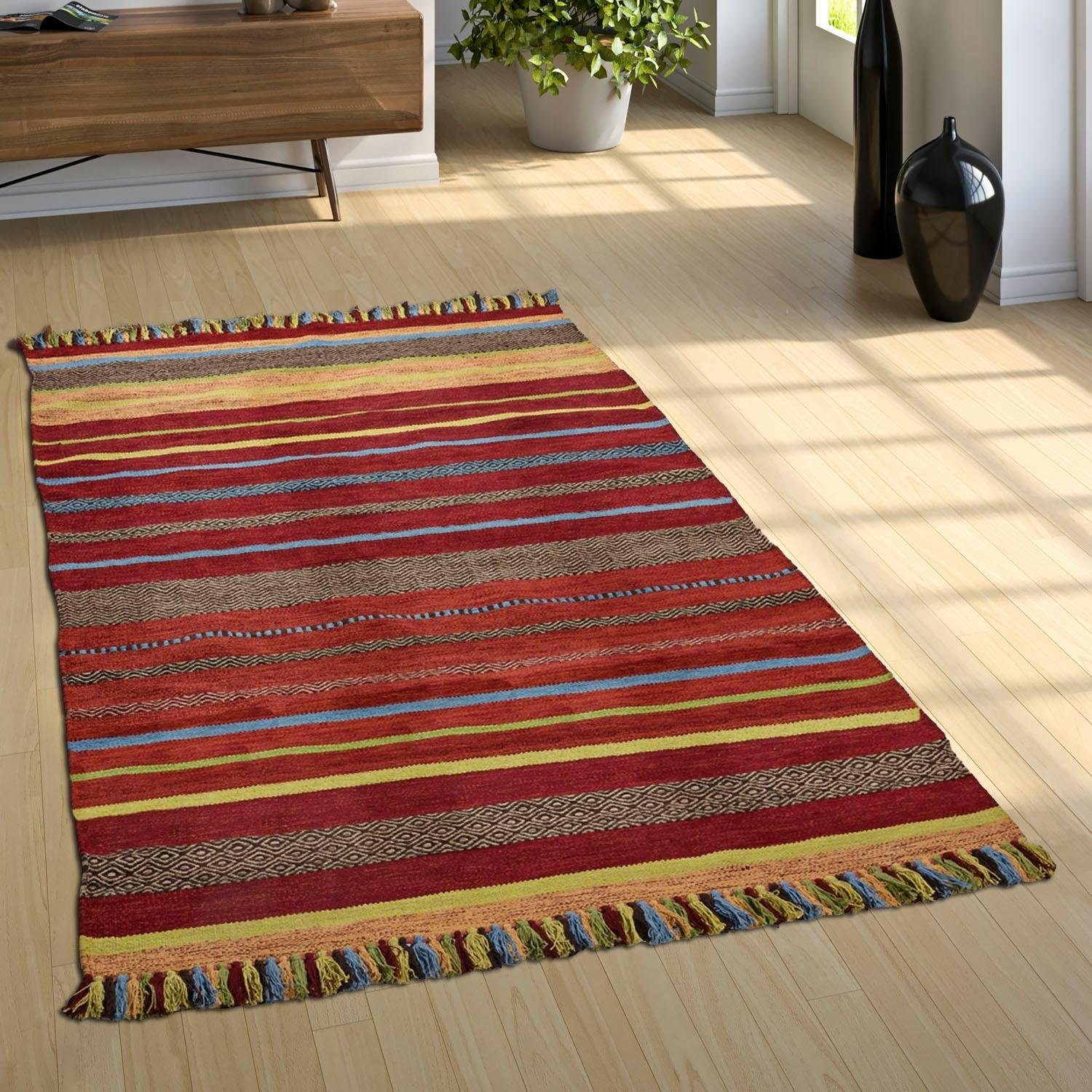 Paco Home Vloerkleed Kilim 213 met de hand geweven tweezijdig te gebruiken kleed, puur katoen, gestreept, woonkamer
