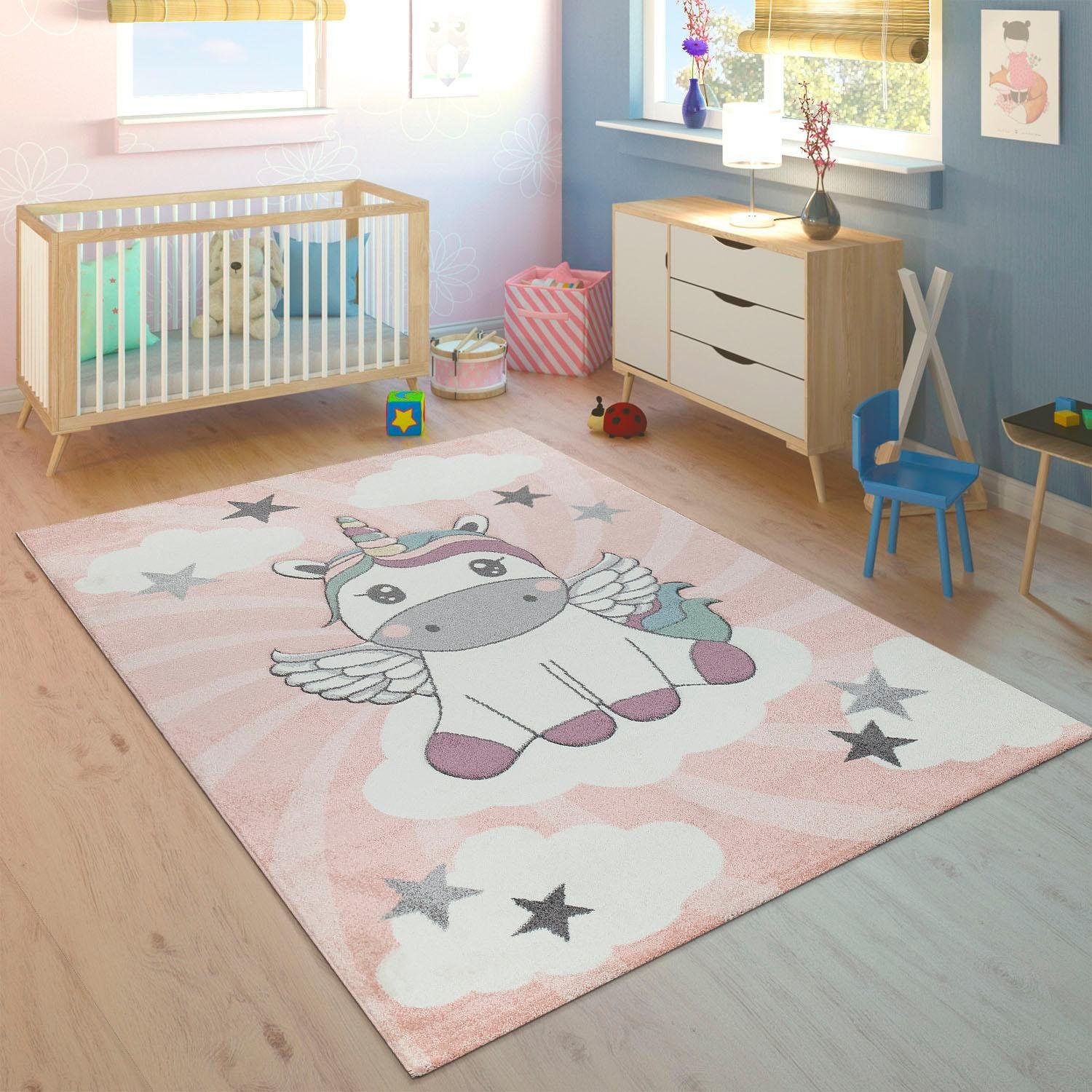 Paco Home Kindervloerkleed Cosmo 395 3d-design, schattige eenhoorn motief, pastelkleuren, kinderkamer