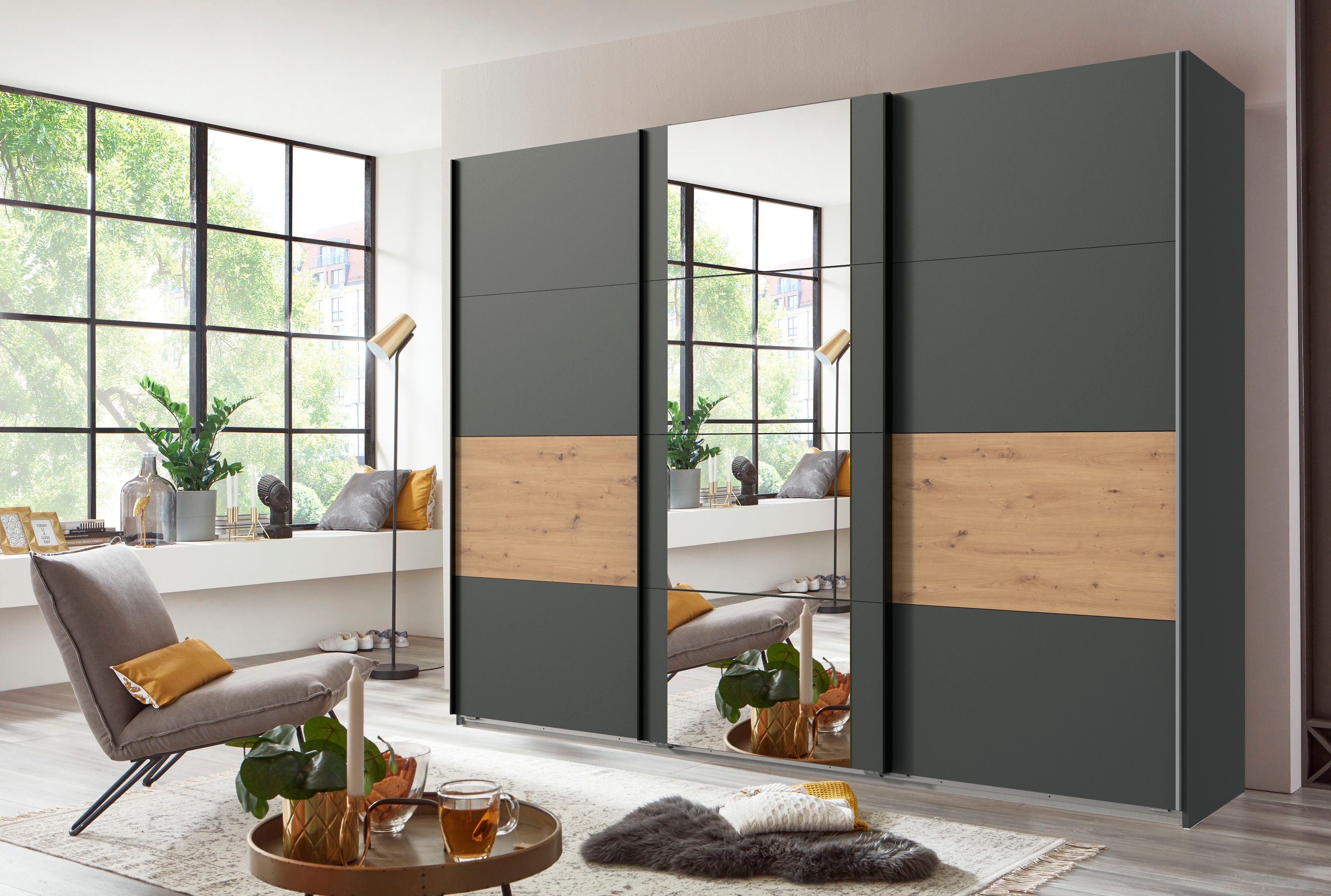 Wimex Zweefdeurkast Barmbek Slaapkamerkast BESTSELLER Garderobekast Kledingkast met 2 stoffen boxen en 2 extra planken, spiegeldeur