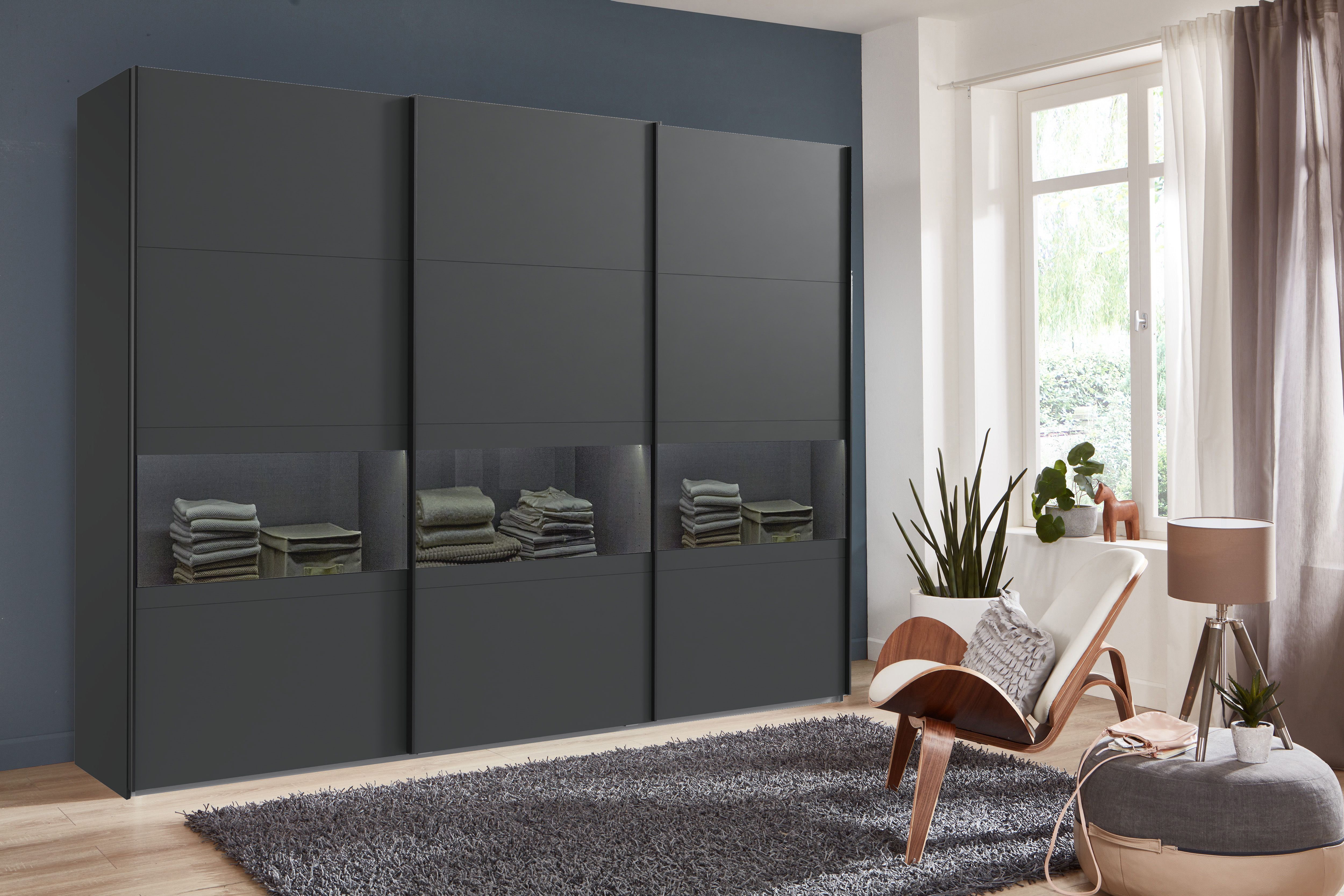 Wimex Schuifdeurkast Easy Plus, kledingkast Made in Germany met glazen inzet/ rookglas, vele breedtes beschikbaar, zwarte handgrepen