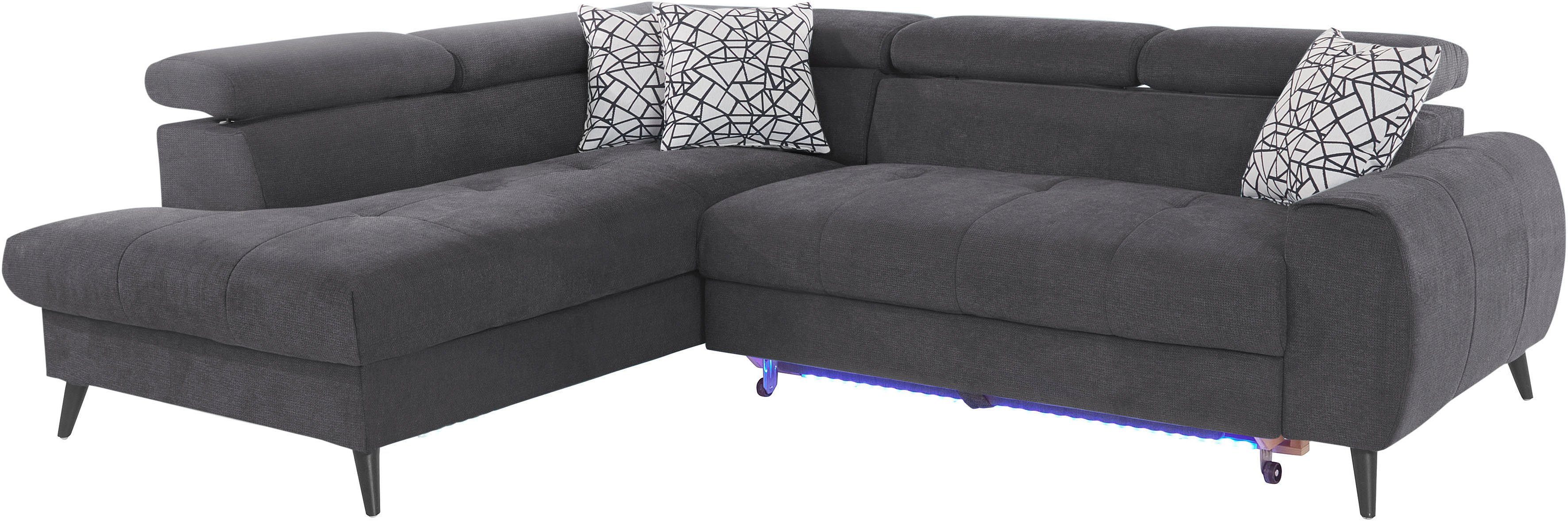 COTTA Hoekbank Mia L-vorm met 3 sierkussens keuze met bedfunctie, bedlade, verlichting & draadloze oplader