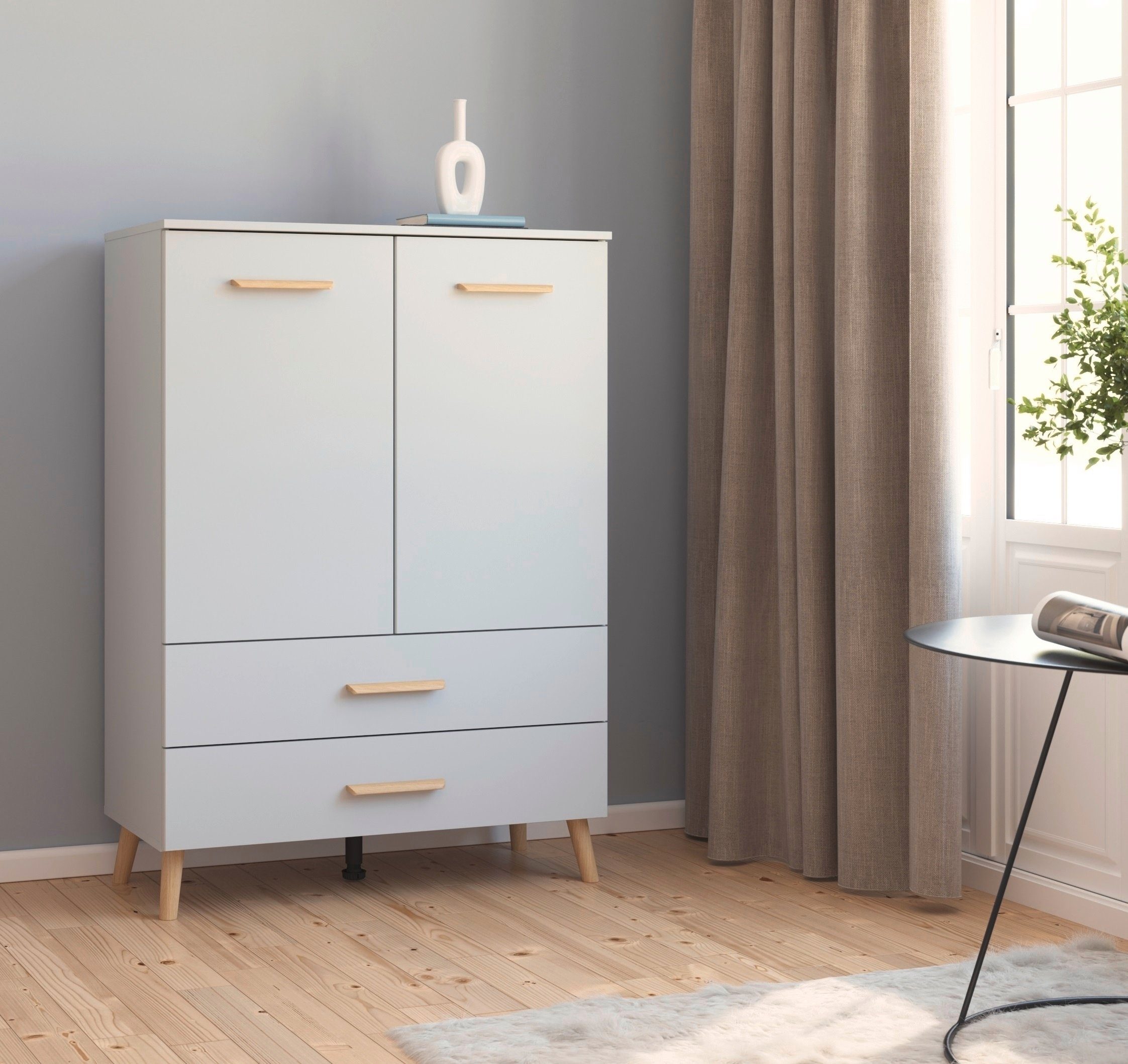 rauch Hoge kast Skandi by Aditio met massief houten grepen, 2 lades met softclose-functie