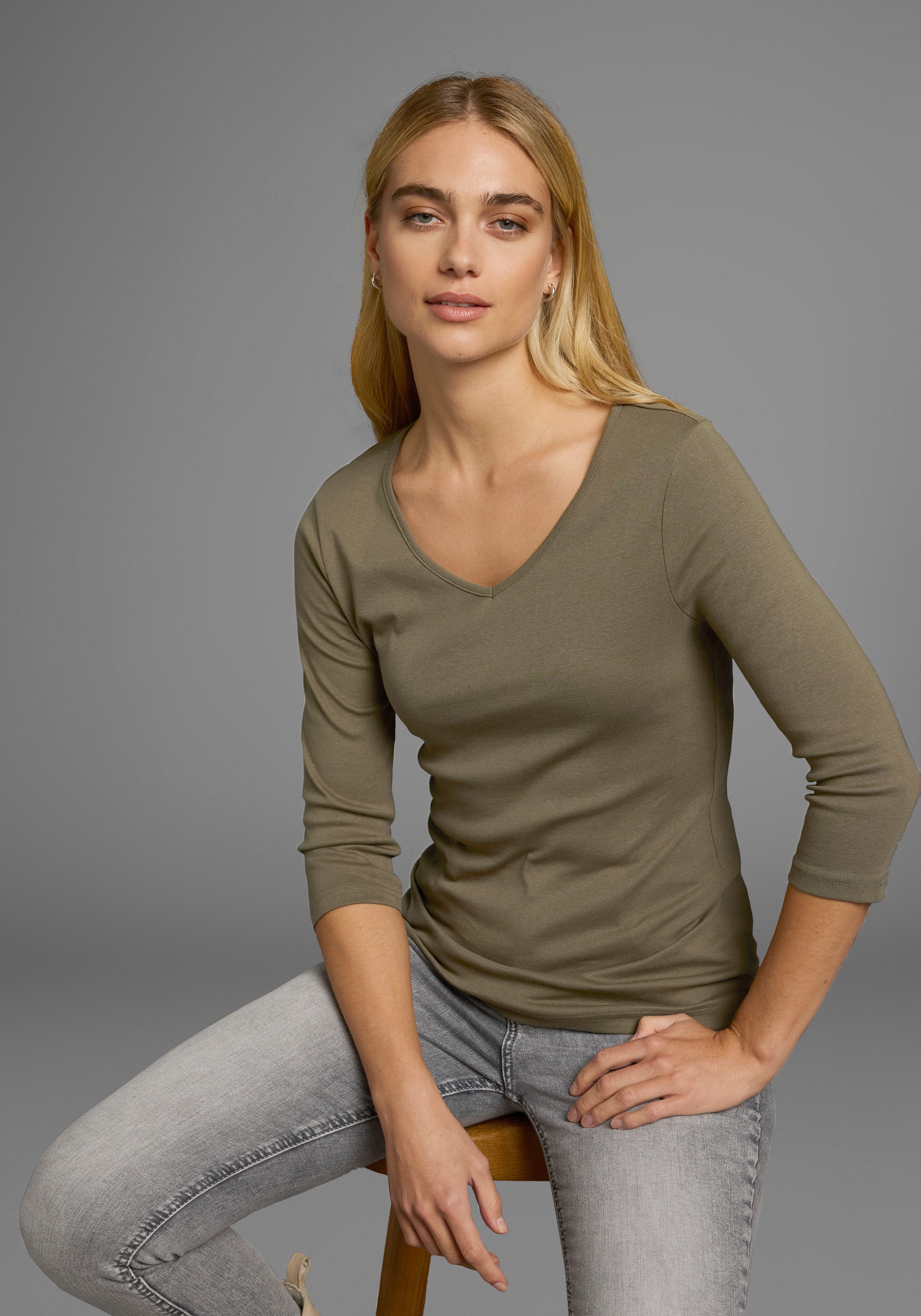 Flashlights Shirt met V-hals effen, v-hals, basic stijl, van katoen, in 2-pack (2-delig, Set van 2)