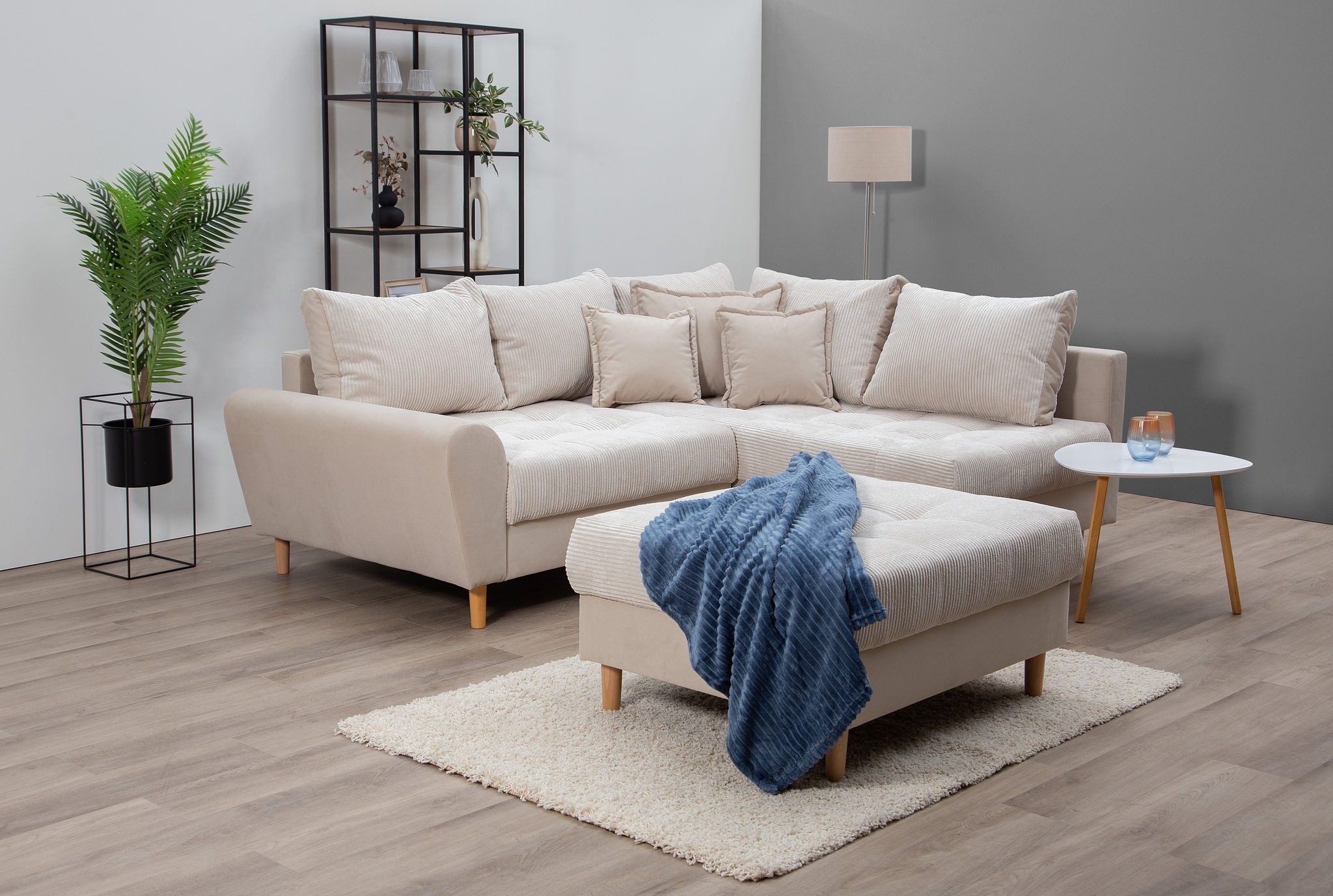 Home affaire Hoekbank Rice L-vorm met bonellverenkern, hocker & kussens, ottomane aan beide zijden monteerbaar (set) beige, hoekbanken