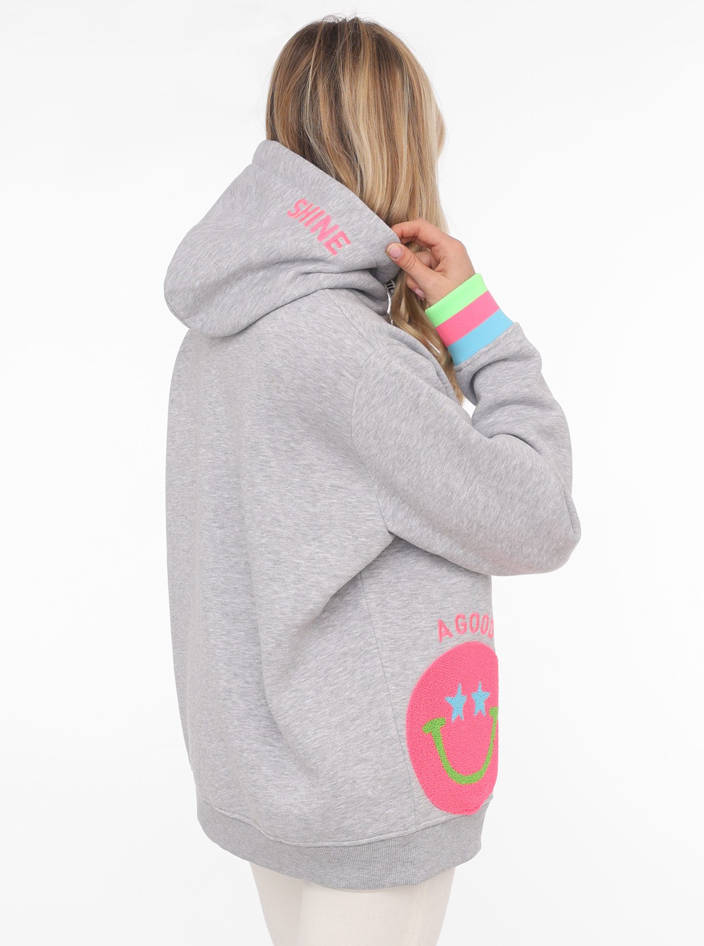 Zwillingsherz Hoodie Always Happy met smiley-print van frotté en neon details