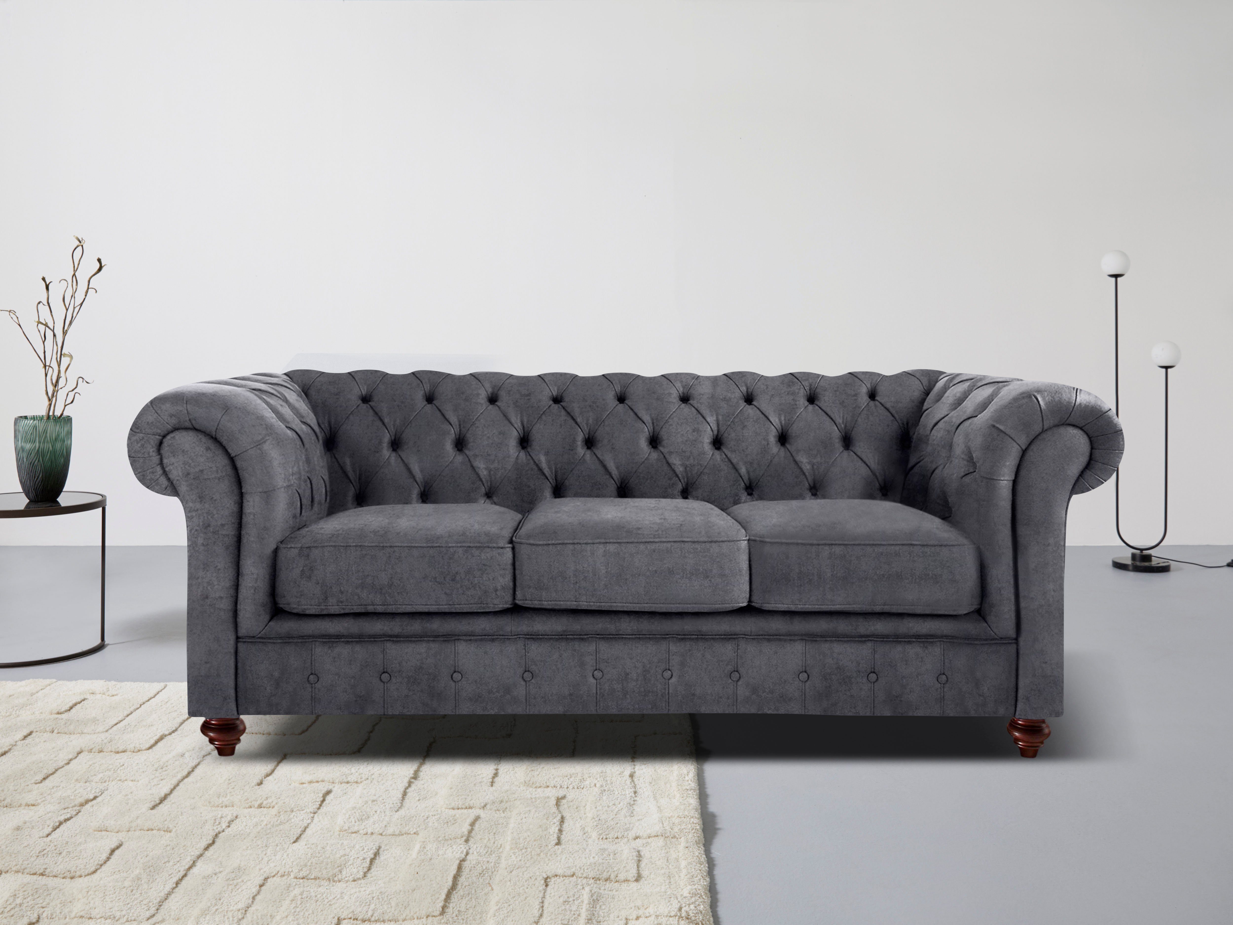 Home affaire Chesterfield-bank Chesterfield 3-zits B/D/H: 198/89/74 cm met hoogwaardige knoopdetails, ook in leer grijs, chesterfield banken