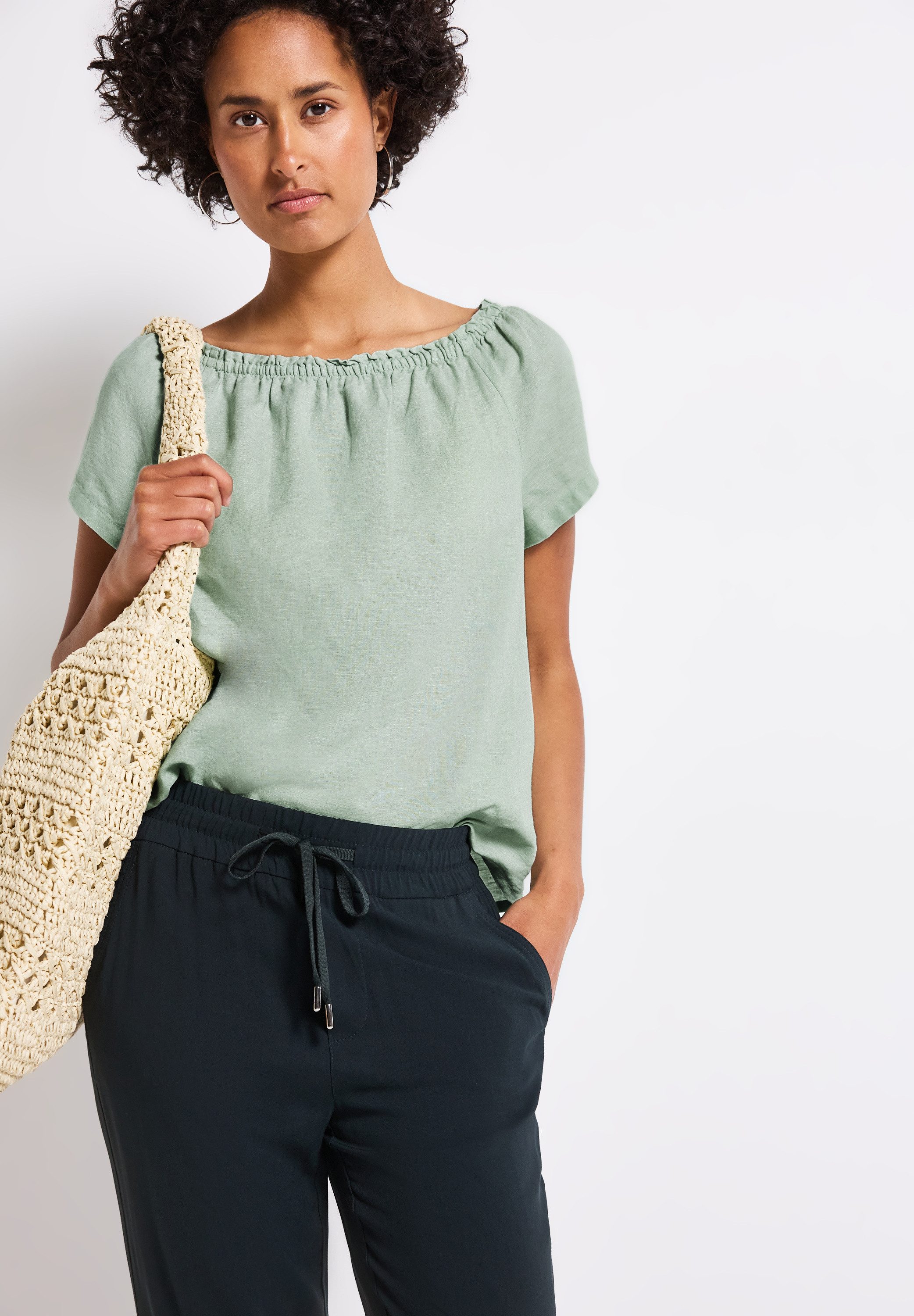 STREET ONE Crêpe-blouse met ruches-kraag en van linnen