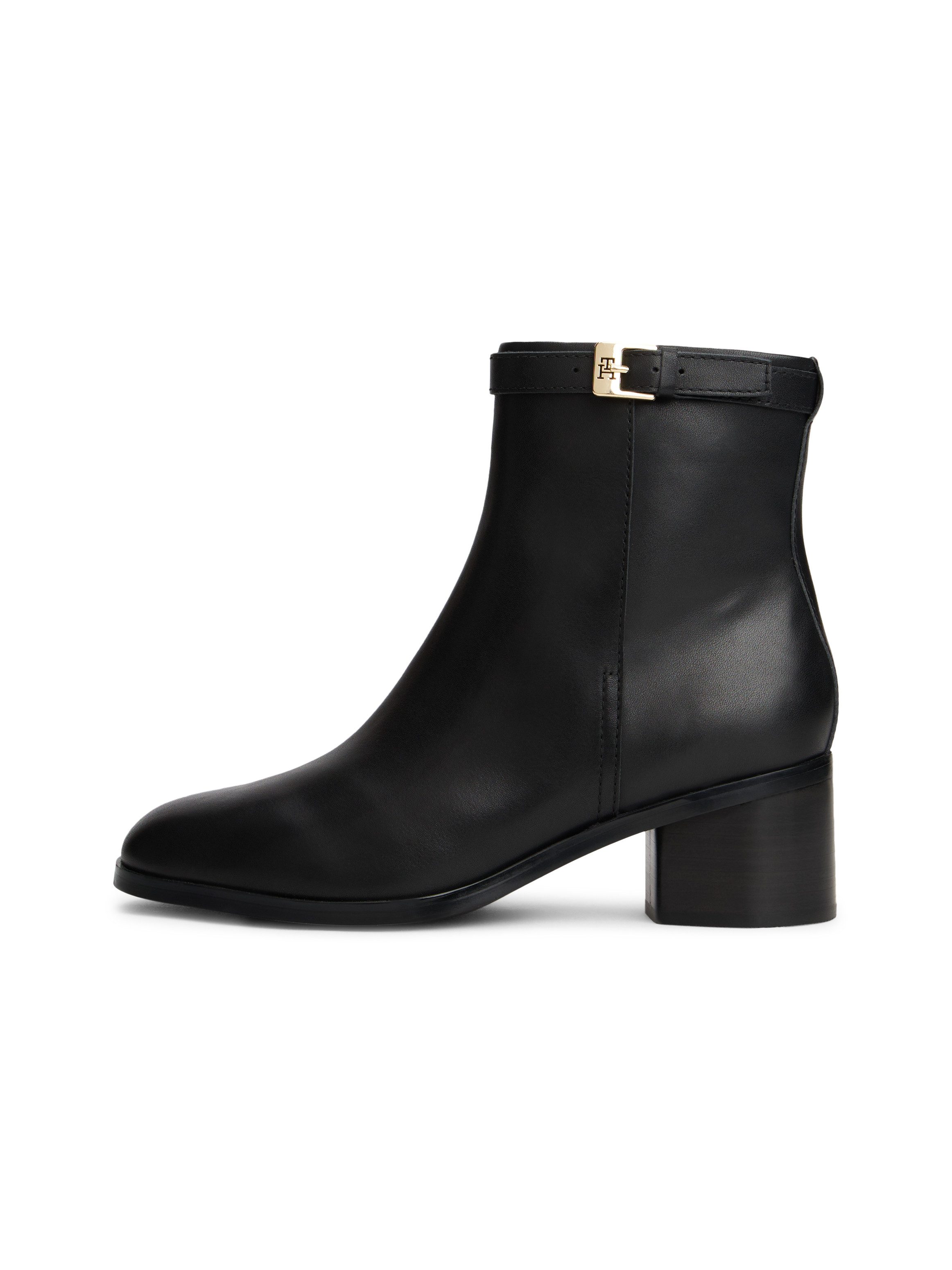 Tommy Hilfiger Laarsjes TH BUCKLE RIDING MID HEEL BOOTIE , blokhak, business schoen in smalle vorm
