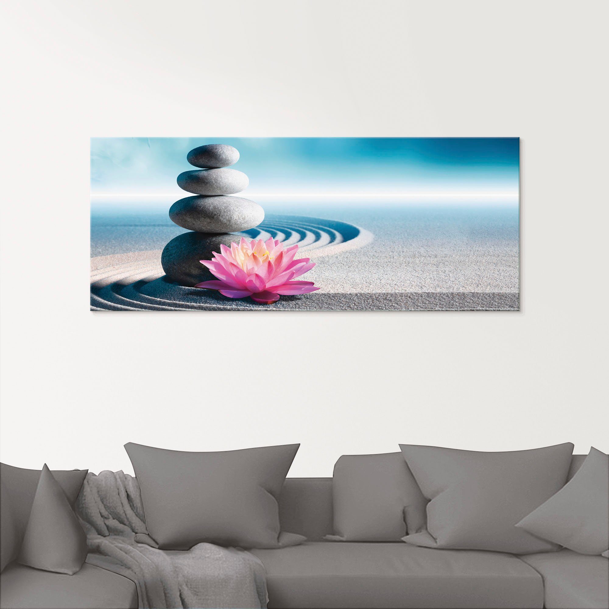 Artland Print op glas Zand, lelie en spa-stenen in zen-tuin