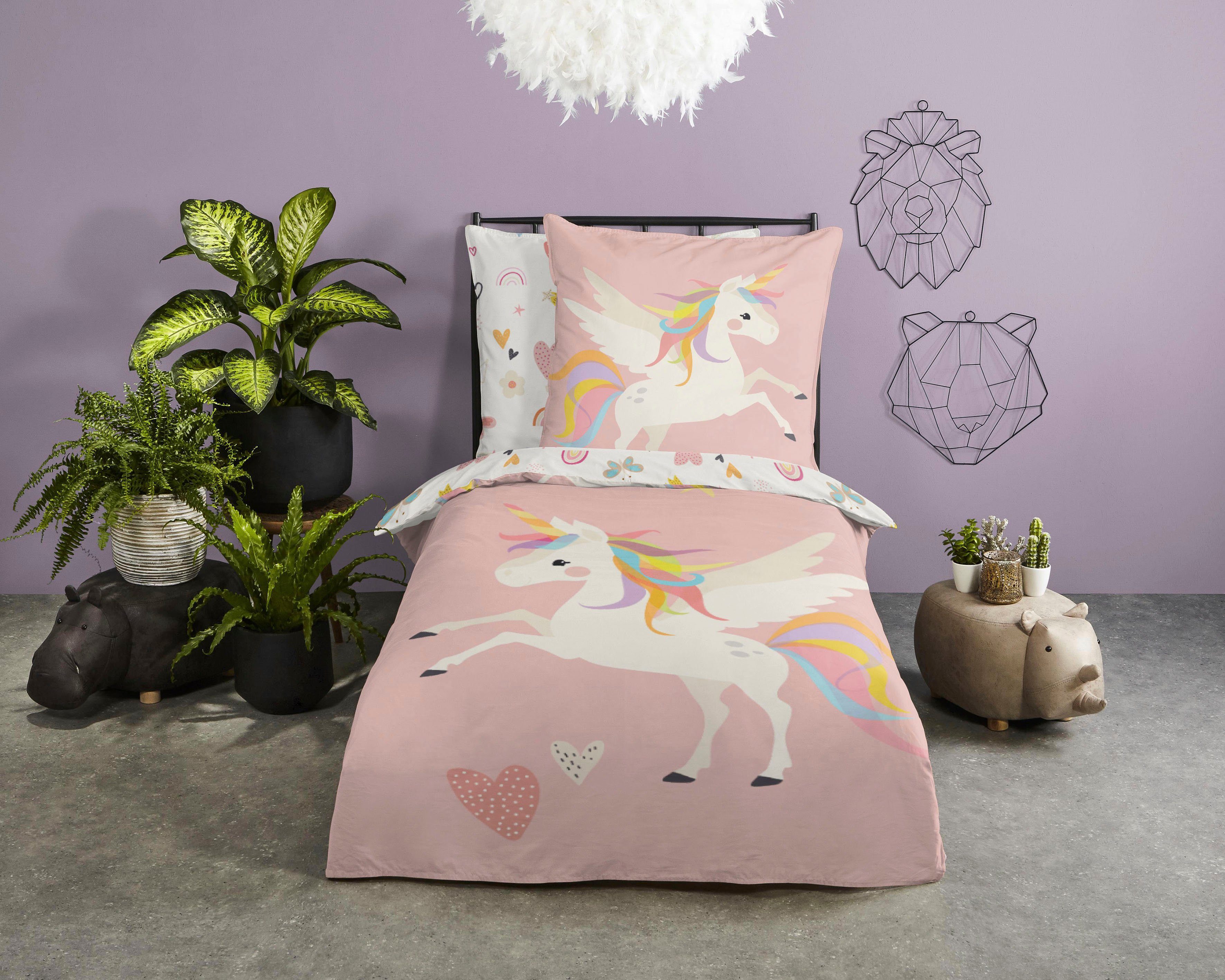 good morning Kinderovertrekset Unicorn Katoen, 135x200, Rits, Omkeerbaar, Meisje, Eenhoorn, Roze (2-delig)