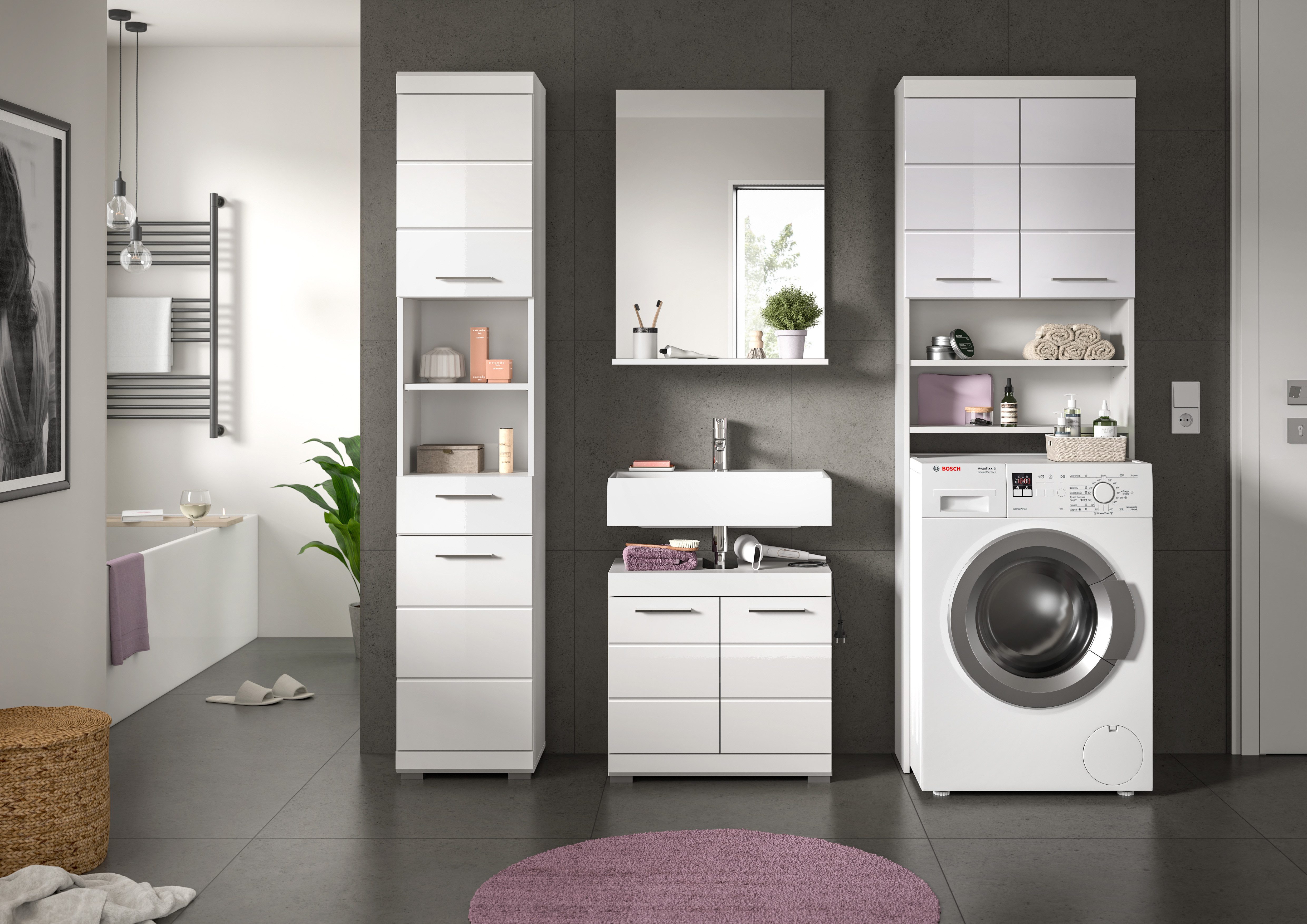 INOSIGN Badkamerserie Siena, 4-delig, bestaande uit: Hoge kast, WBU, badkamer spiegel, wasmachine ombouwkast (set, 4-delig)