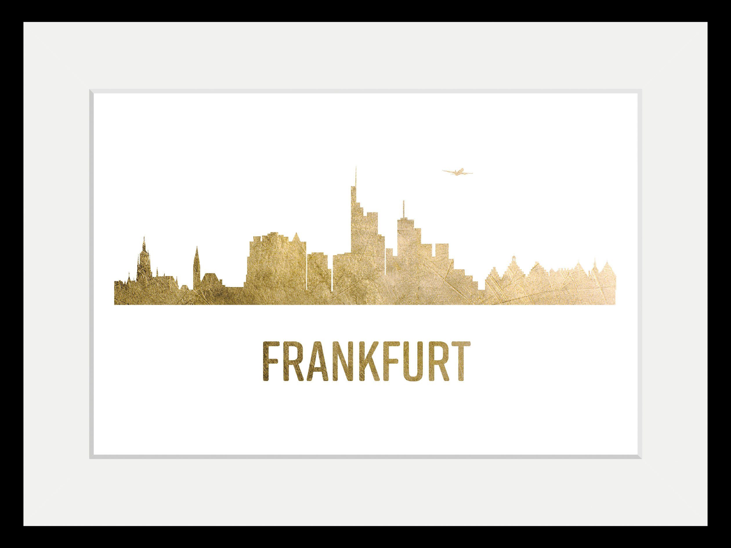queence Wanddecoratie Frankfurt skyline GOLD HD premium posterdruk incl. houten lijst (1 stuk)