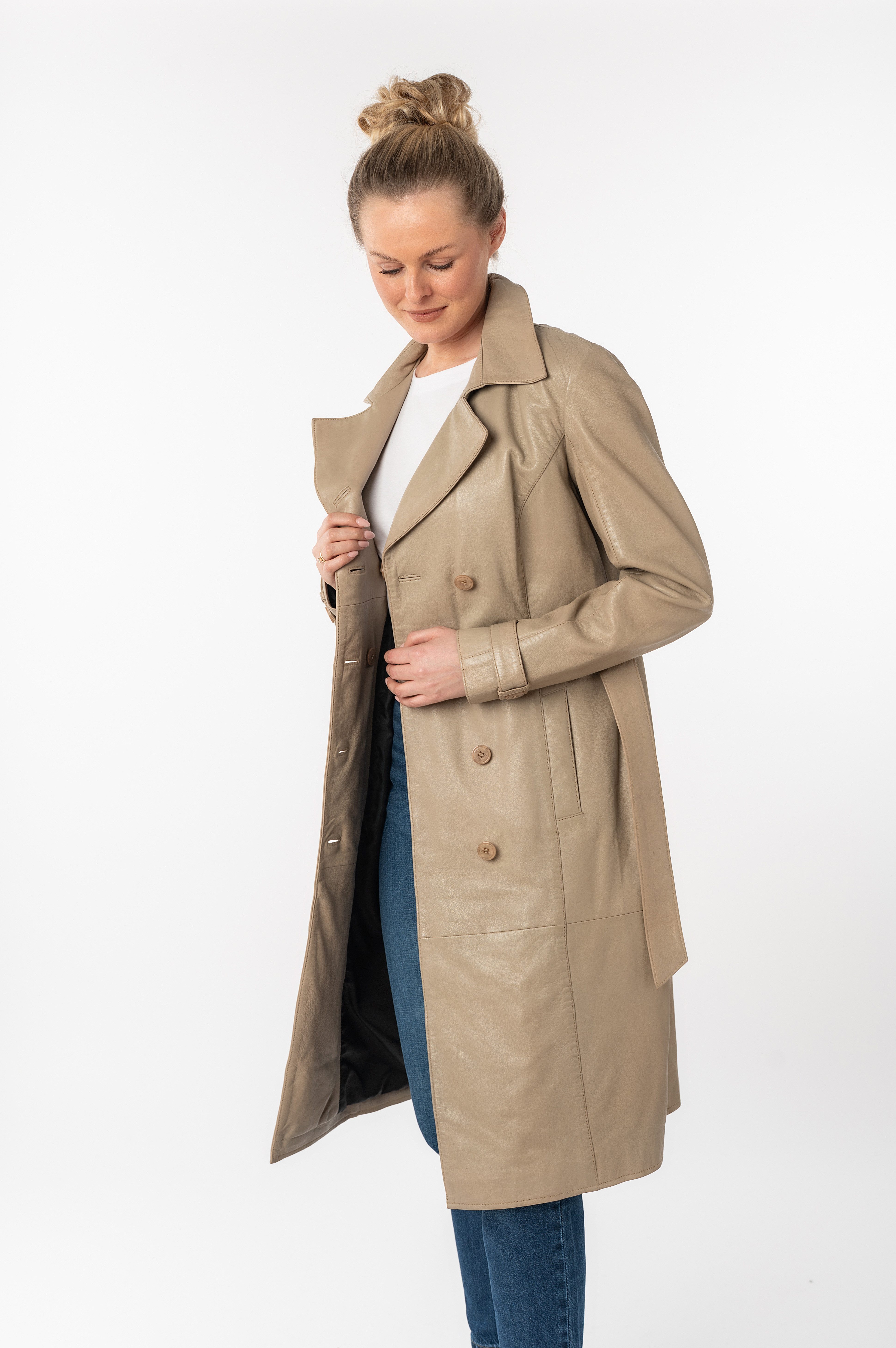 Mauritius Lange, leren jas GWTaruh OT elegante leren trenchcoat met bindceintuur (2-delig)