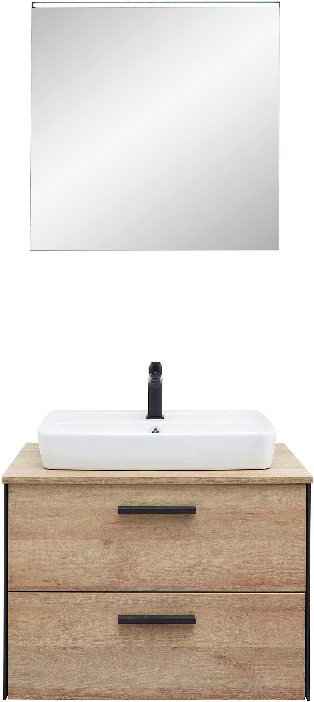 Saphir Badkamerserie Quickset 395 2-delig, keramieken opzetwasbak met led-spiegel Wastafelmeubel 73 cm breed, 2 laden, wastafelblad,