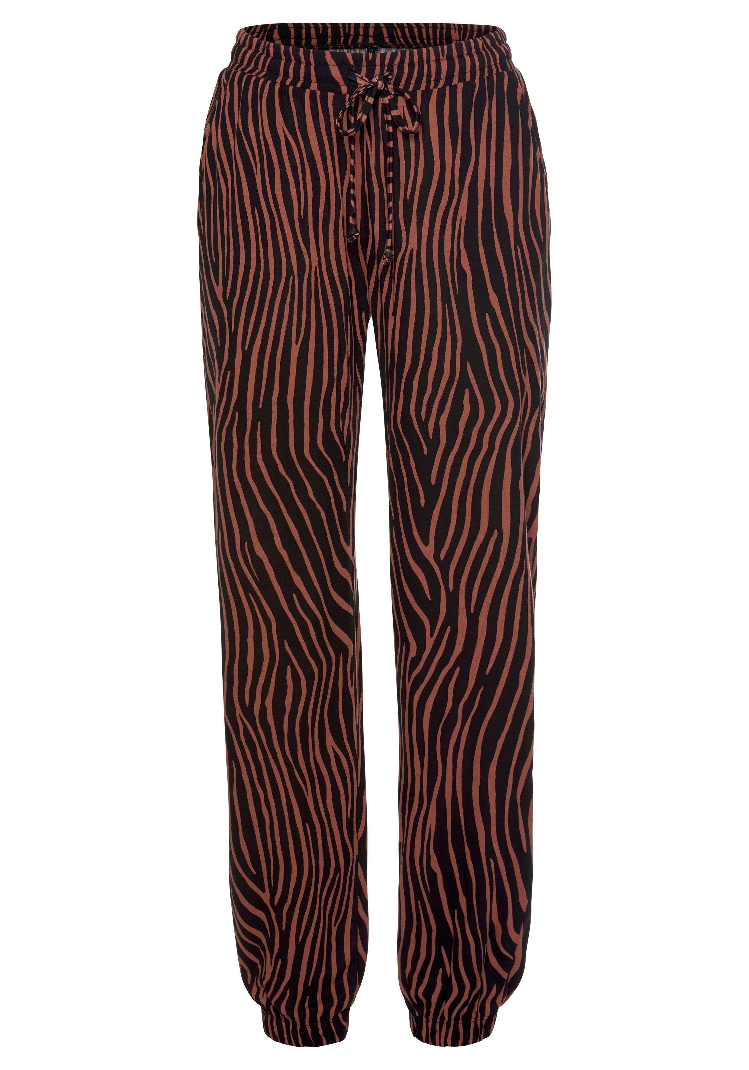 lascana strandbroek met zebraprint en zakken, jersey broek, loungebroek multicolor
