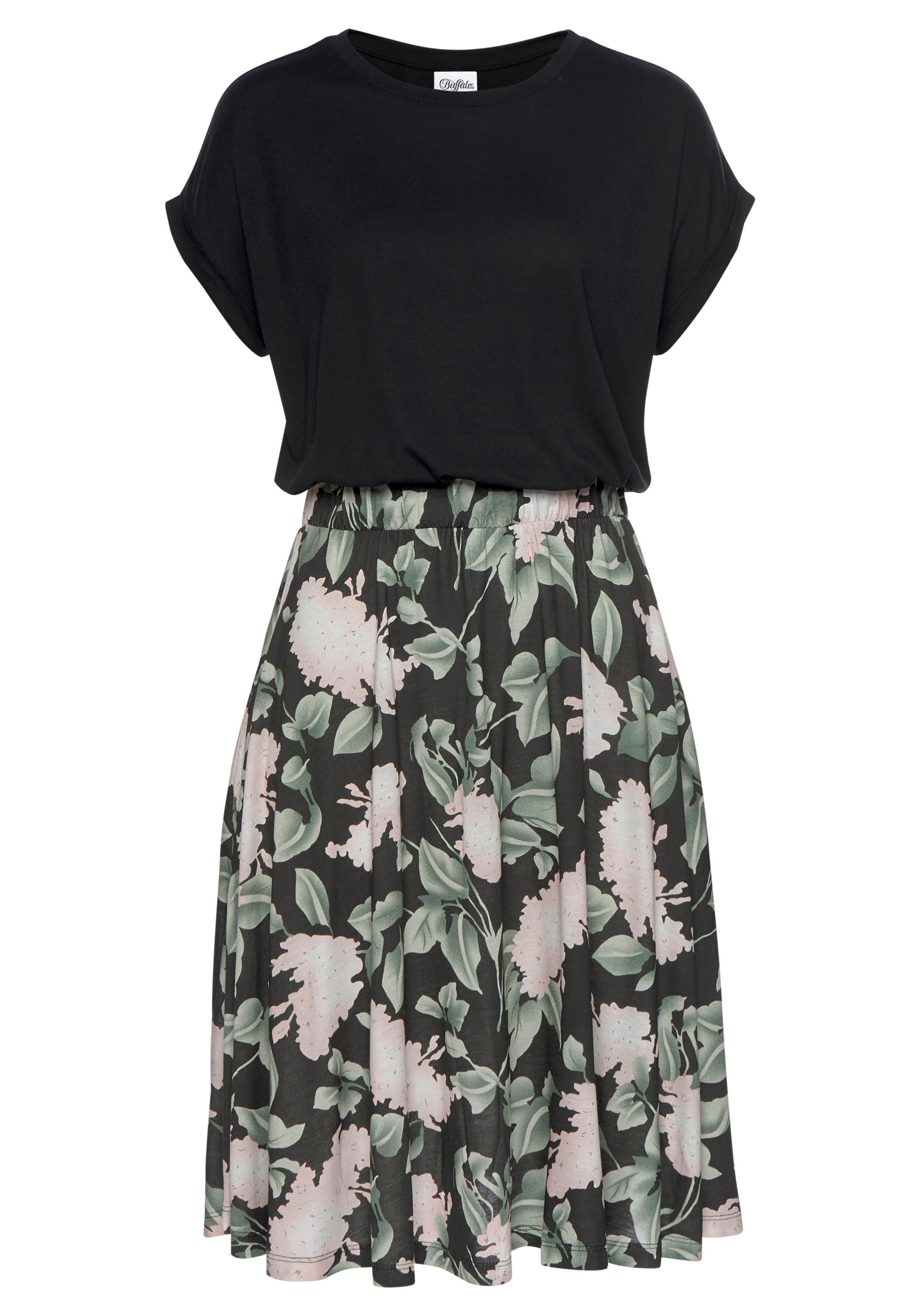Buffalo Jerseyjurk met paperbag stijl tailleband en bedrukte rok, korte zomerjurk, strandjurk