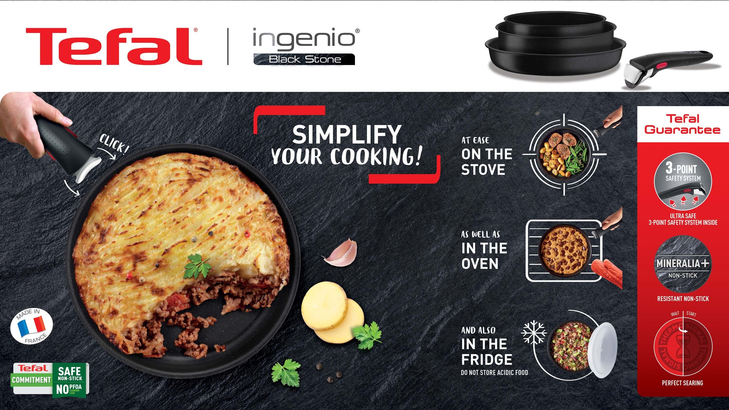Tefal Pannenset Ingenio Black Stone Anti-aanbak, afneembare handgreep, thermo-signaal, voor alle kookplaten, inductie (set, 3-delig)