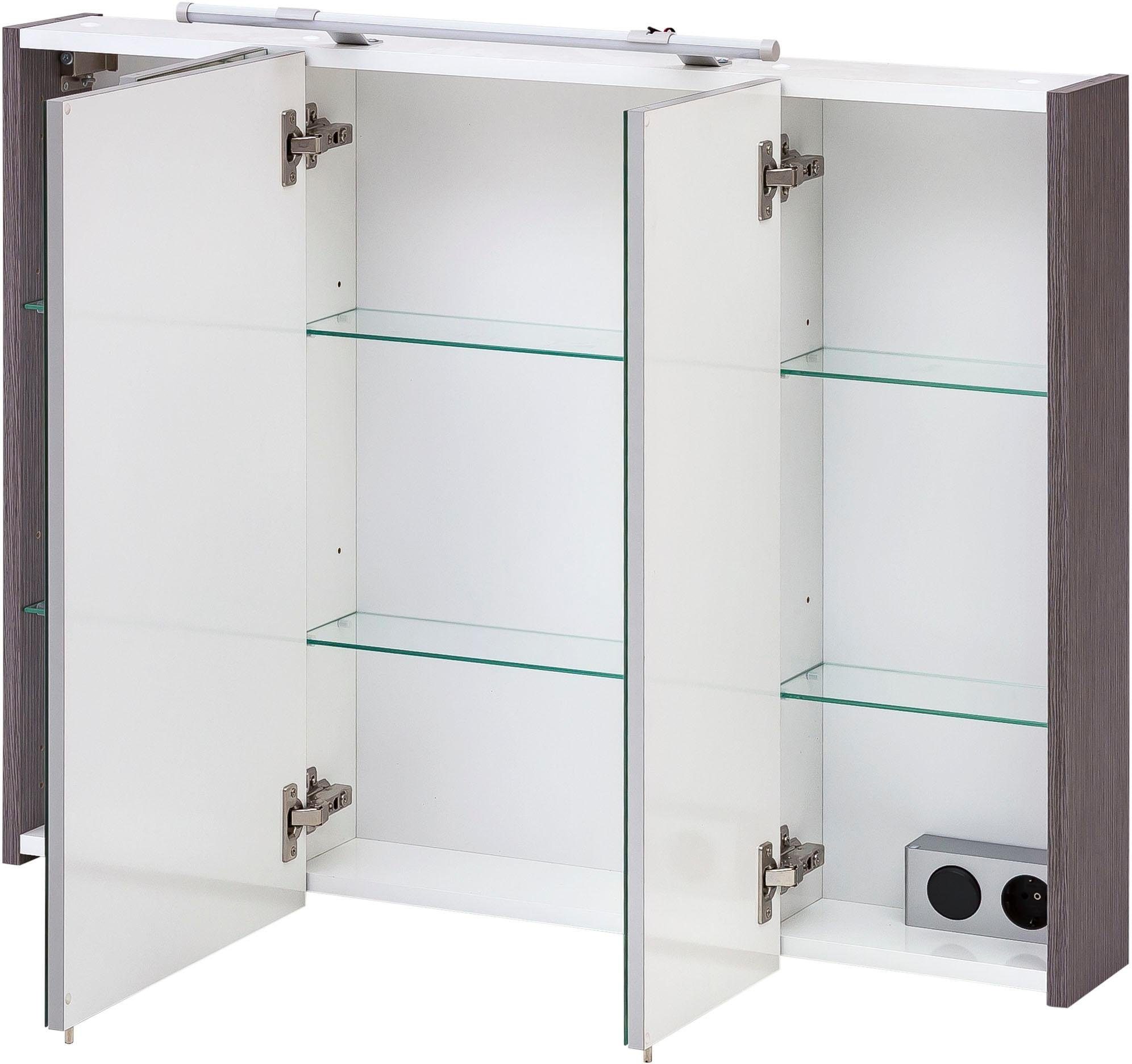 Schildmeyer Spiegelkast Dorina, met in hoogte verstelbare glazen planken Breedte 90 cm, 3-deurs, ledverlichting, schakelaar-/stekkerdoos