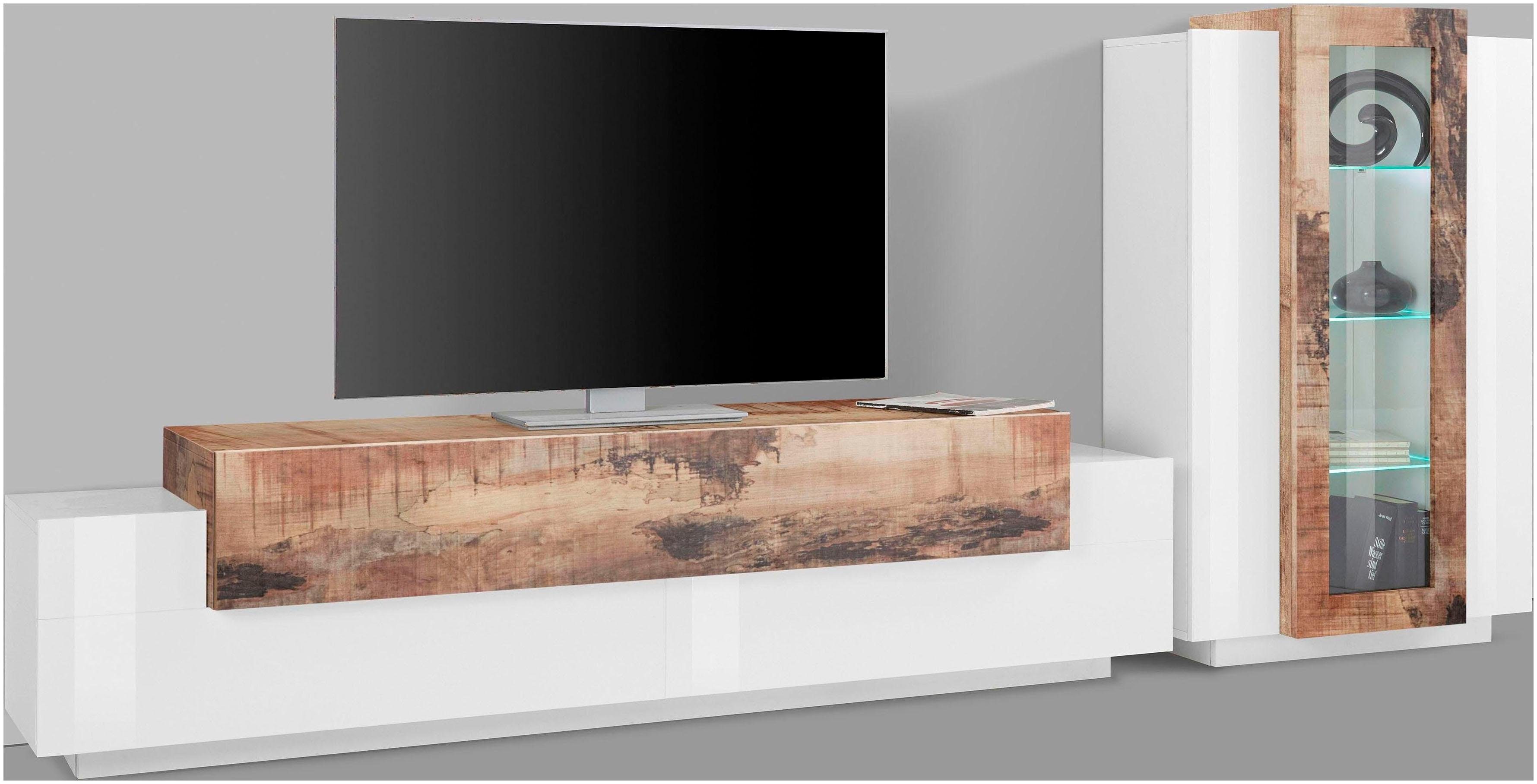 INOSIGN Wandmeubel Coro, aanbouwwand, mediawand Lowboard met 4 vakken, breedte 200 cm en vitrinekast met 3 deuren, breedte 80 cm (set, 2 stuks)