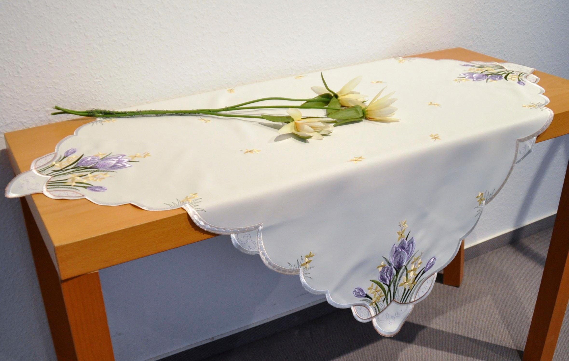Stickereien Plauen Topkleedje Tafelkleed krokusbloem Plauener kant, Made in Germany