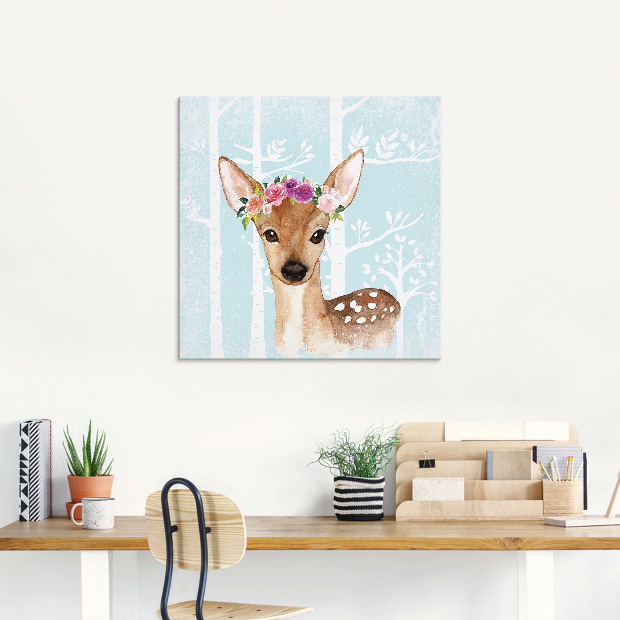 Artland Print op glas Wild ree met bloemen in blauw bos