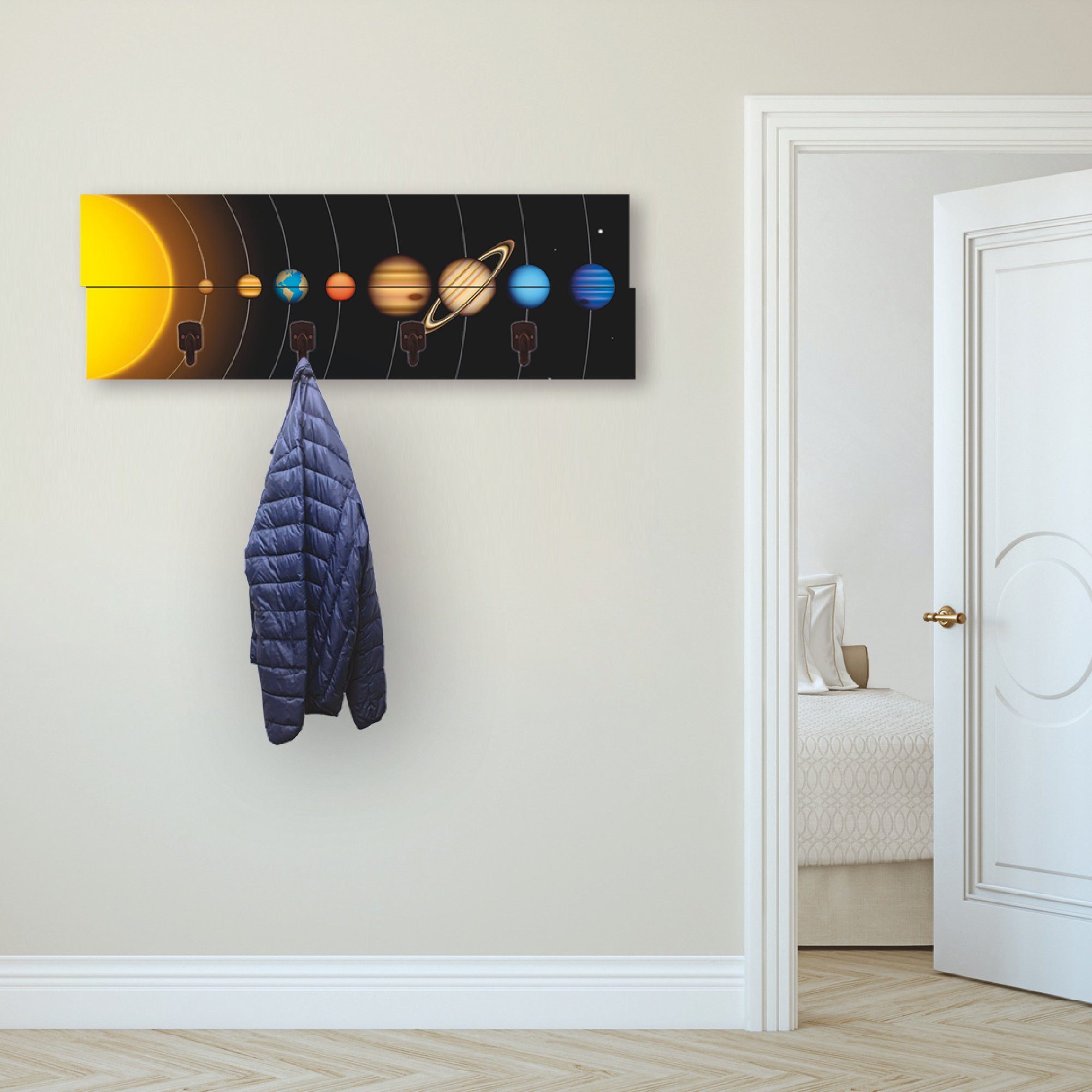 Artland Kapstokpaneel Vector zonnestelsel met planeten ruimtebesparende kapstok van hout met 4 haken, geschikt voor kleine, smalle hal, halkapstok