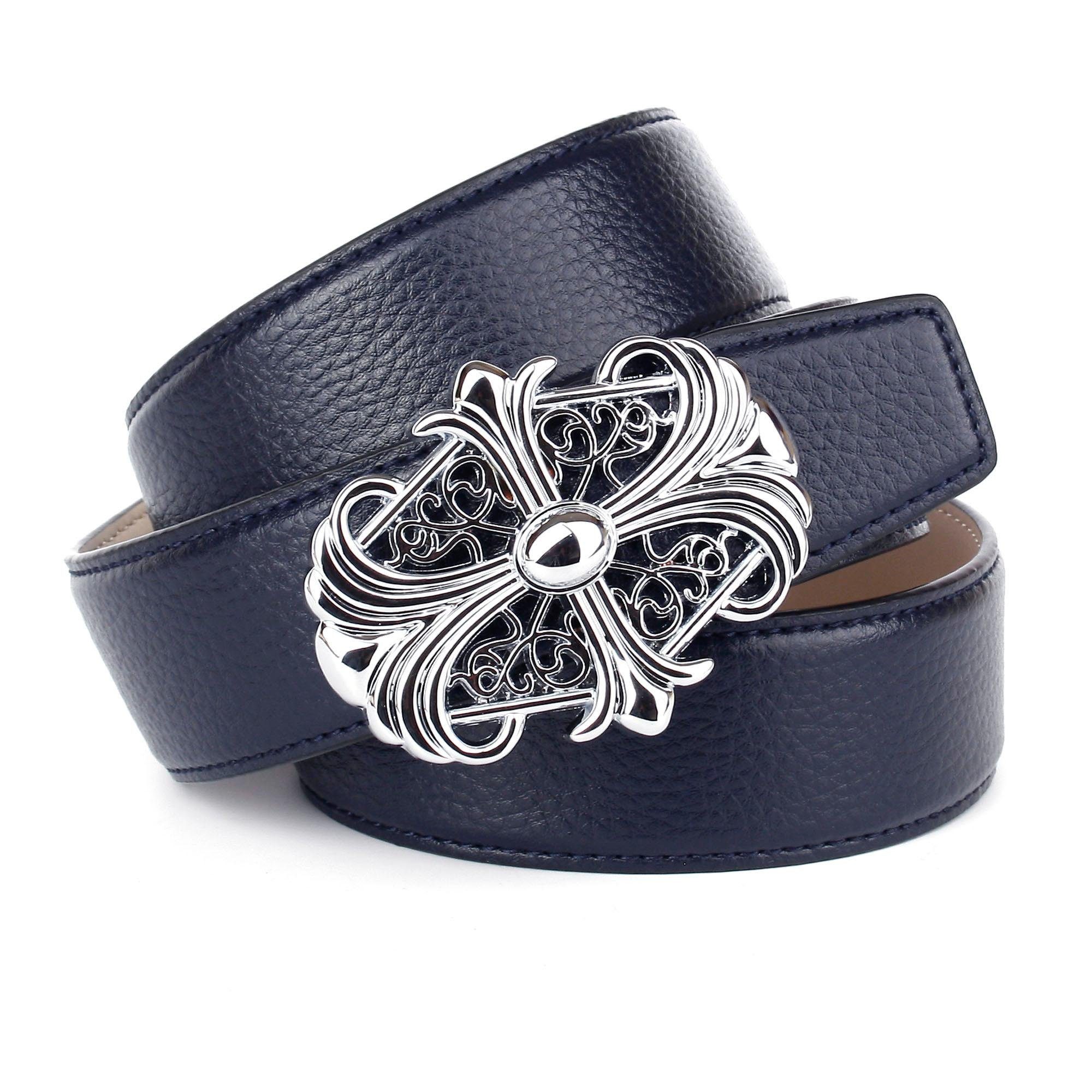 Anthoni Crown Leren riem in donkerblauw met sluiting en ton sur ton stiksels