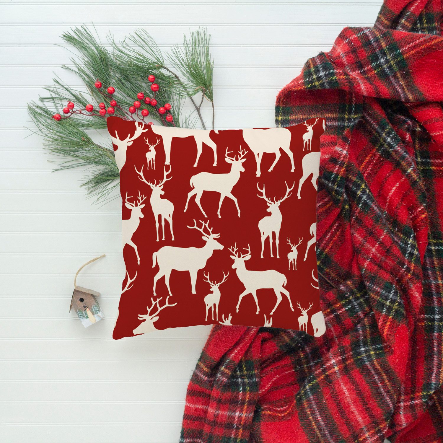 queence Sierkussen Anthony Kussenhoes, herten, elanden, rood, kerst, winterachtig, kerstmotief (1 stuk)