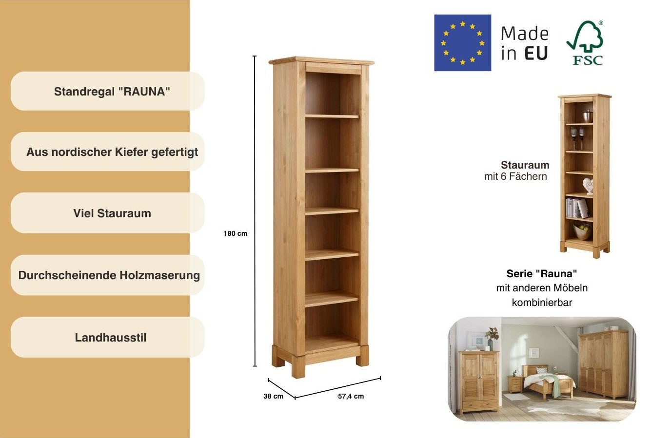 Home affaire Staand rek Rauna Hoogte 180 cm, van massief grenen
