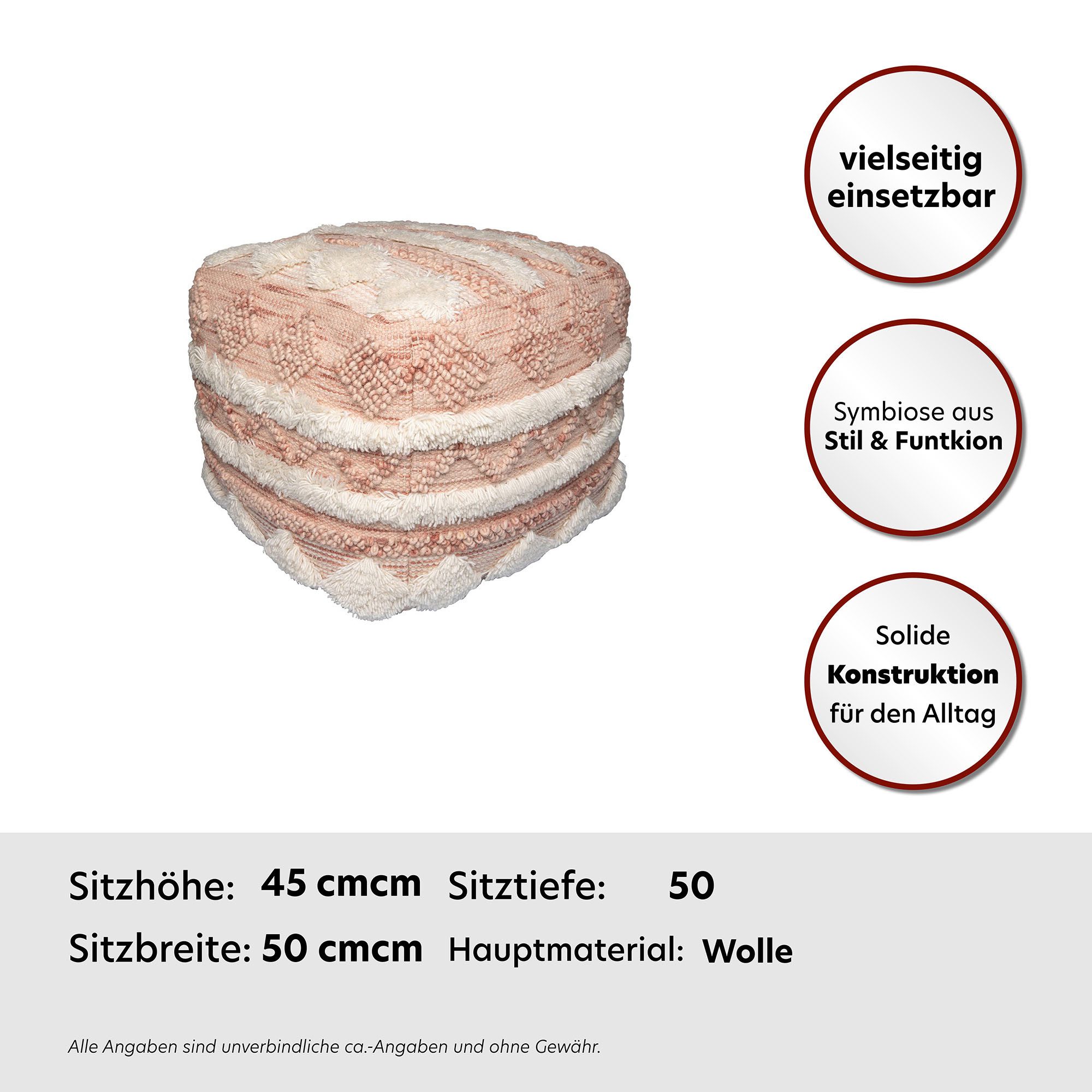 Kayoom Poef Bohist 225 50cm x 50cm, Structuren met franjes en kwasten handgemaakt, uniek, zeer goed te combineren, veelzijdig in gebruik (1 stuk)