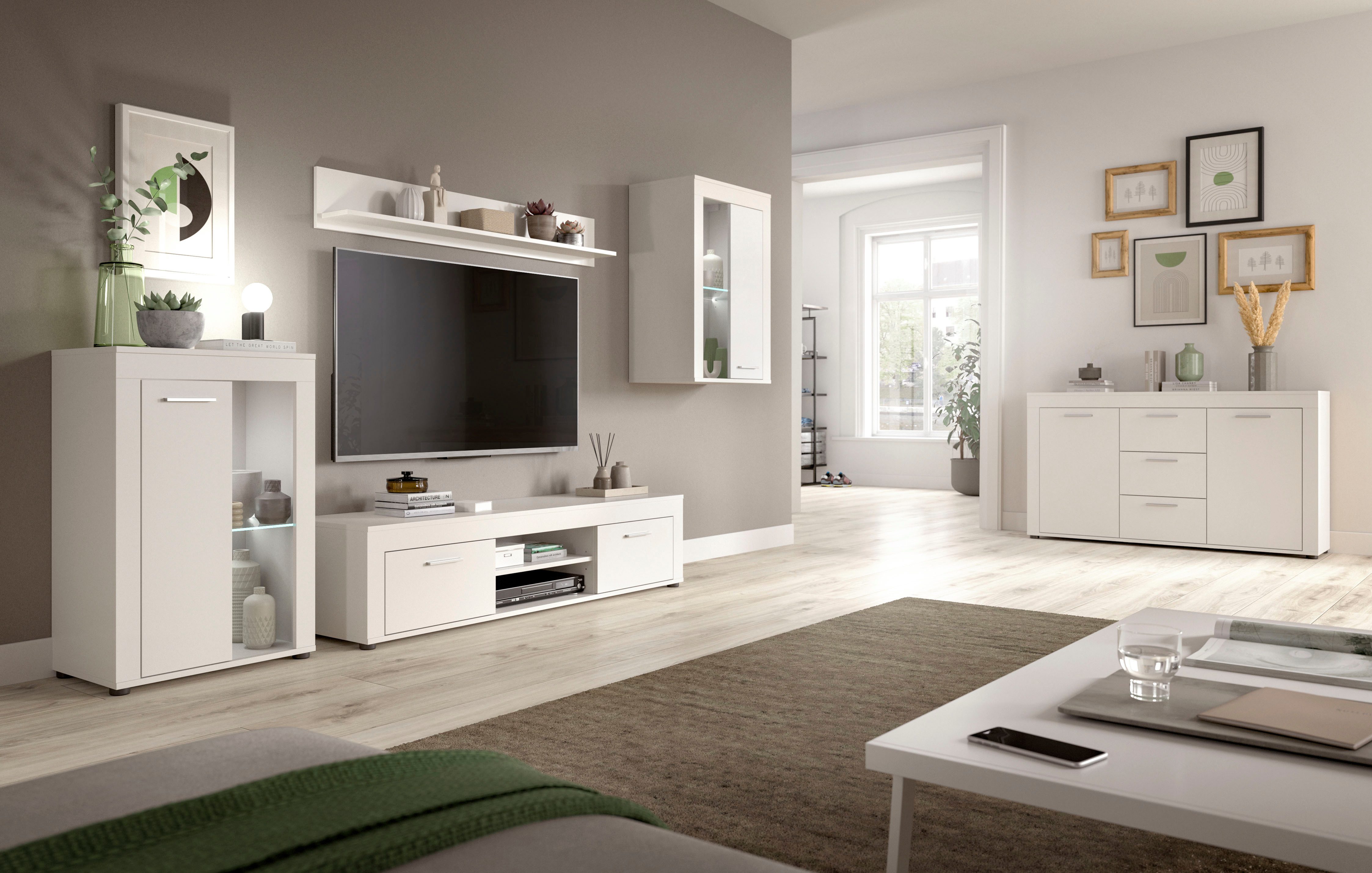 INOSIGN Wandmeubel Aosta, 4-delig, bestaande uit: vitrinekast, lowboard, wandplank & hoge vitrinekast (4-delig)