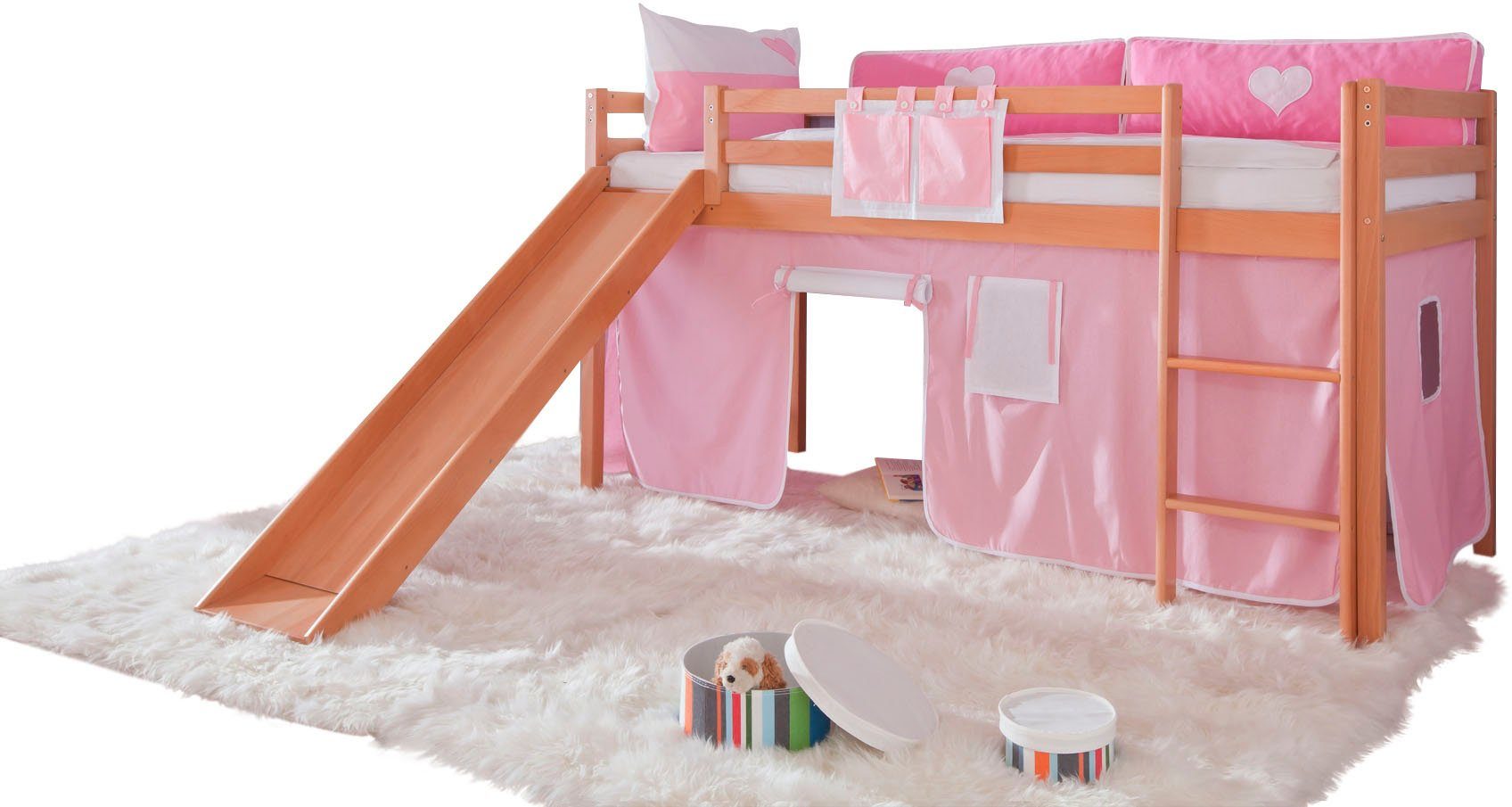 Relita Hoogslaper Toby Naturel-beuken gelakt met textielset, naar keuze met lattenrol hoogslapers beige